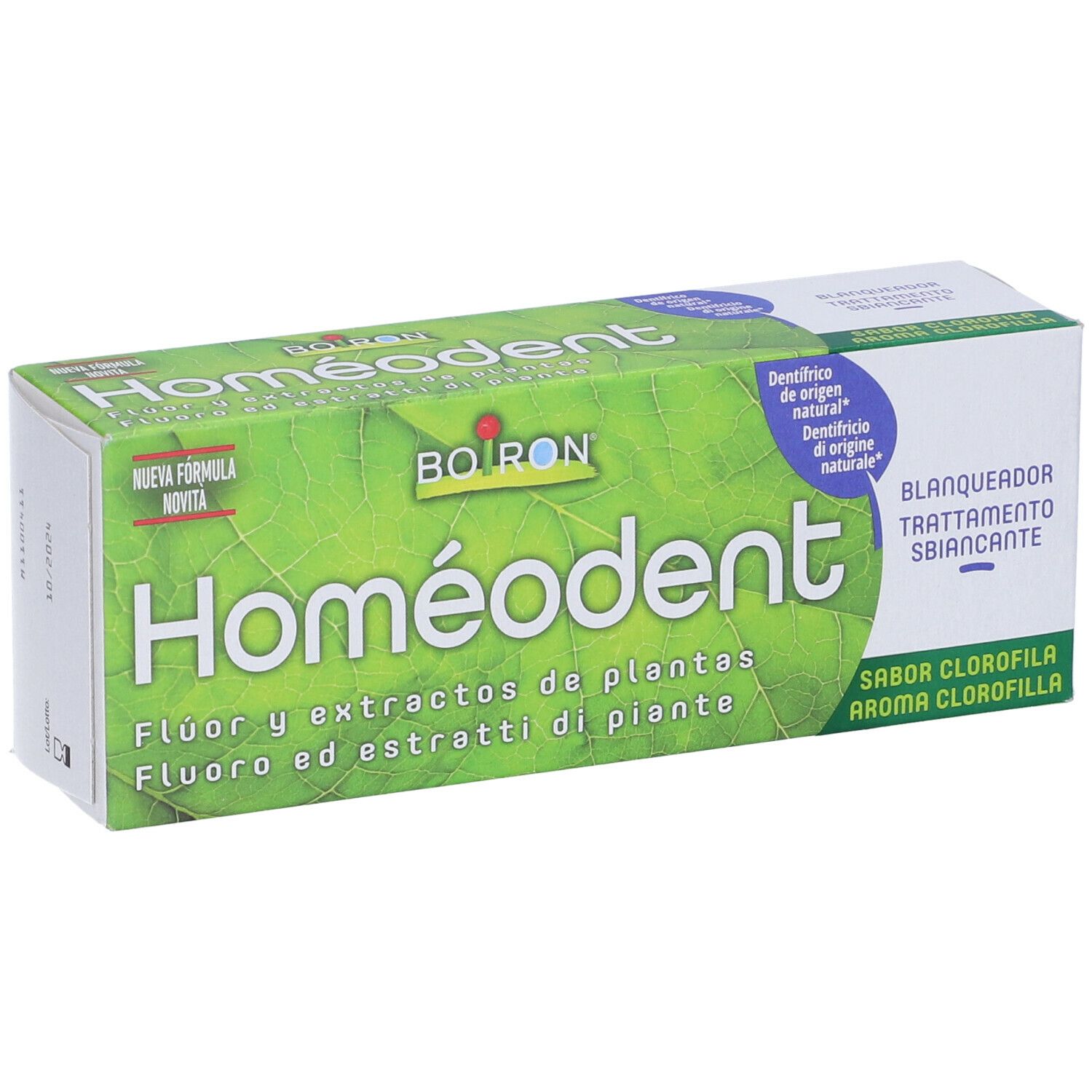 Scatola di dentifricio Homéodent, leggermente angolata. Nome del prodotto e confezione.