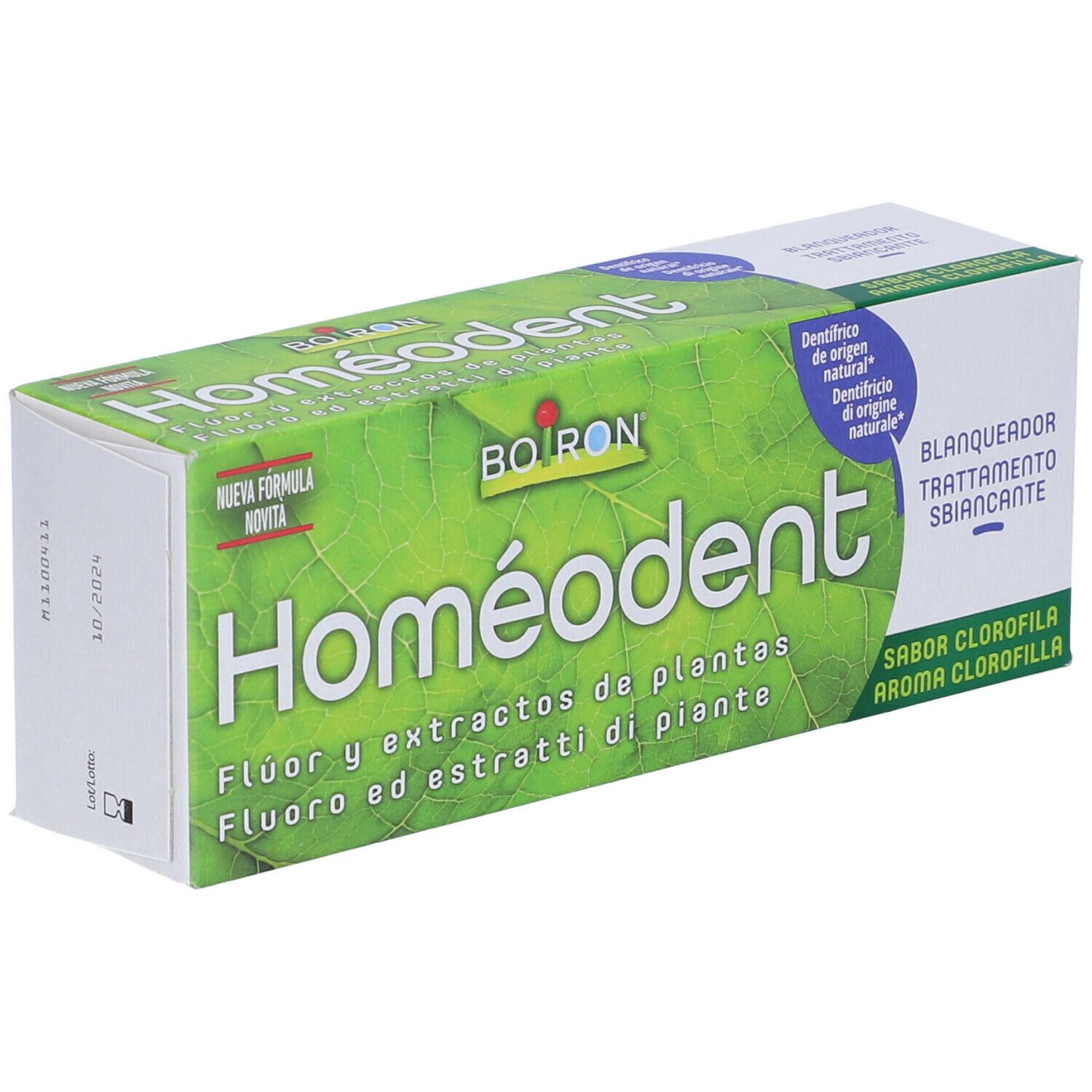 Scatola di dentifricio Homéodent, leggermente angolata. Nome del prodotto e confezione.