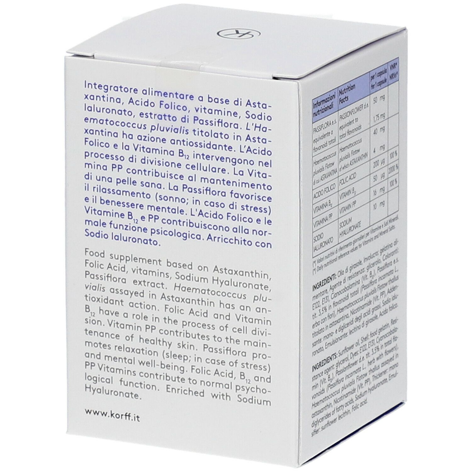 Retro della scatola KORFF. Testo con ingredienti e informazioni nutrizionali. Contiene astaxantina, acido folico, vitamine.