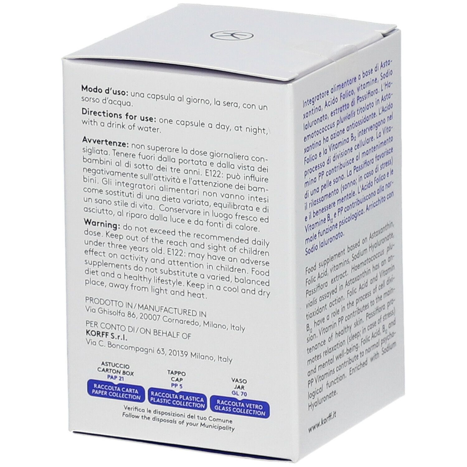 Scatola bianca KORFF. Istruzioni per l'uso: 1 capsula al giorno con acqua. Avvertenze e informazioni del produttore.