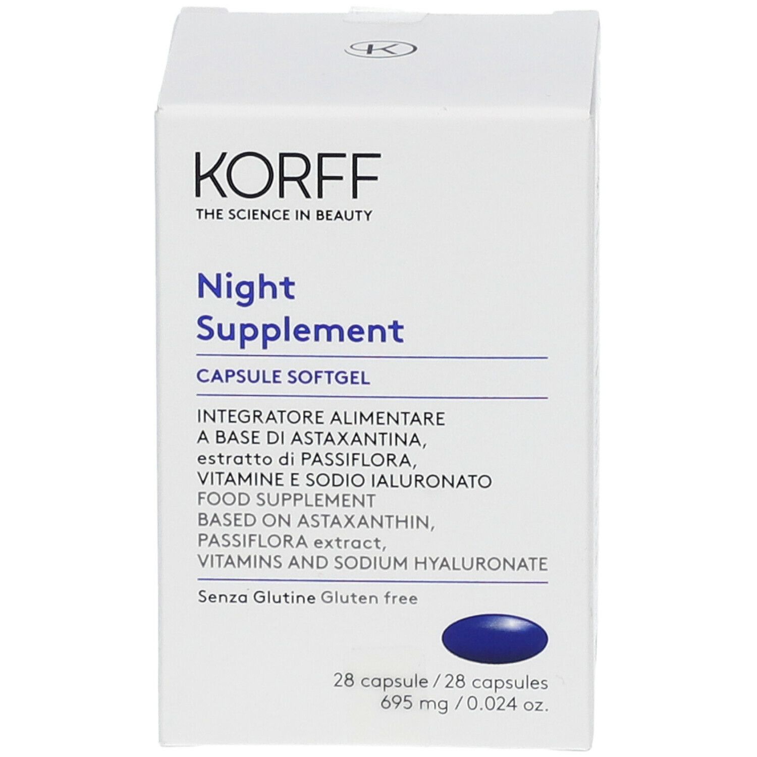 Scatola bianca KORFF "Night Supplement". Contiene 28 capsule. Capsula blu visibile. Senza glutine.