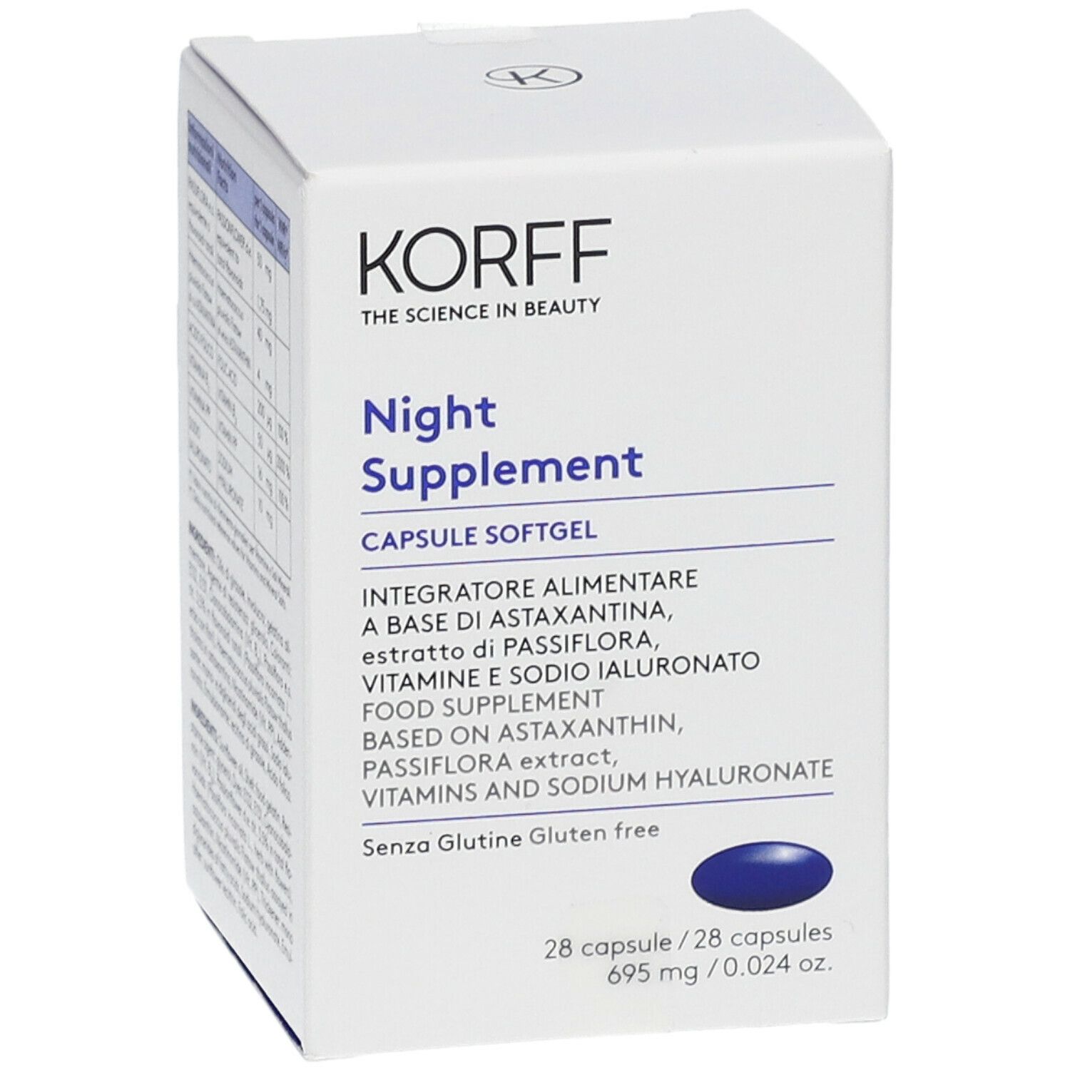 Scatola bianca KORFF "Night Supplement". Contiene 28 capsule. Capsula blu visibile. Testo e logo.