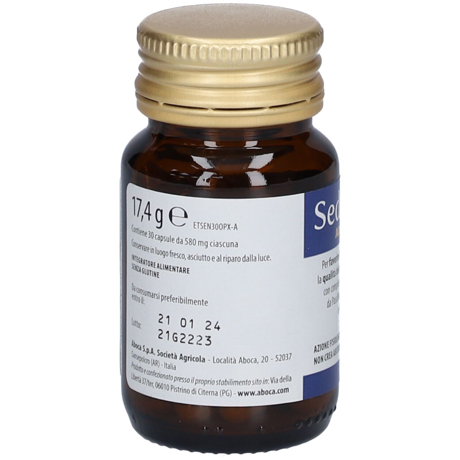 Flacone in vetro marrone Sedivitax Advanced. Tappo dorato. Etichetta con testo e ingredienti.