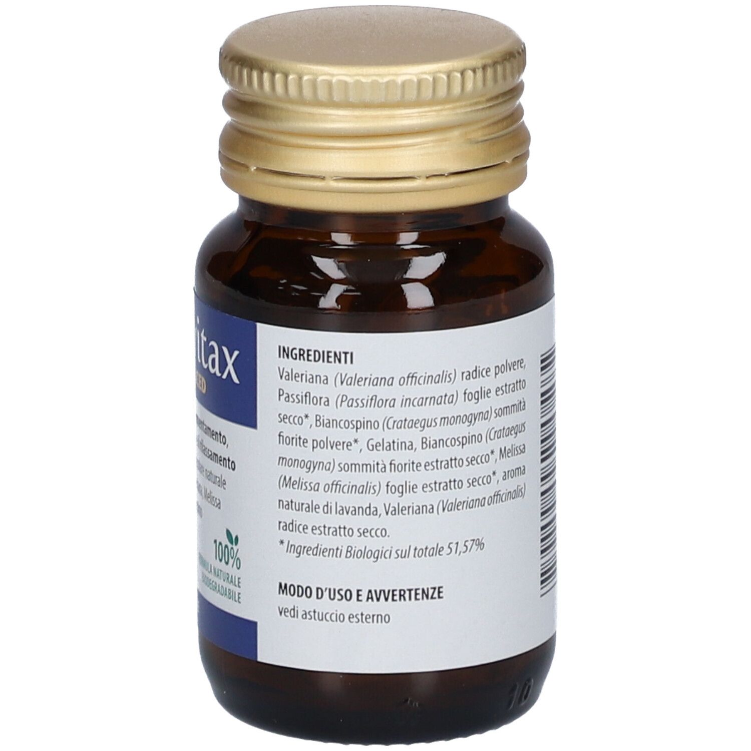 Flacone in vetro marrone Sedivitax Advanced. Tappo dorato. Etichetta con ingredienti e testo.