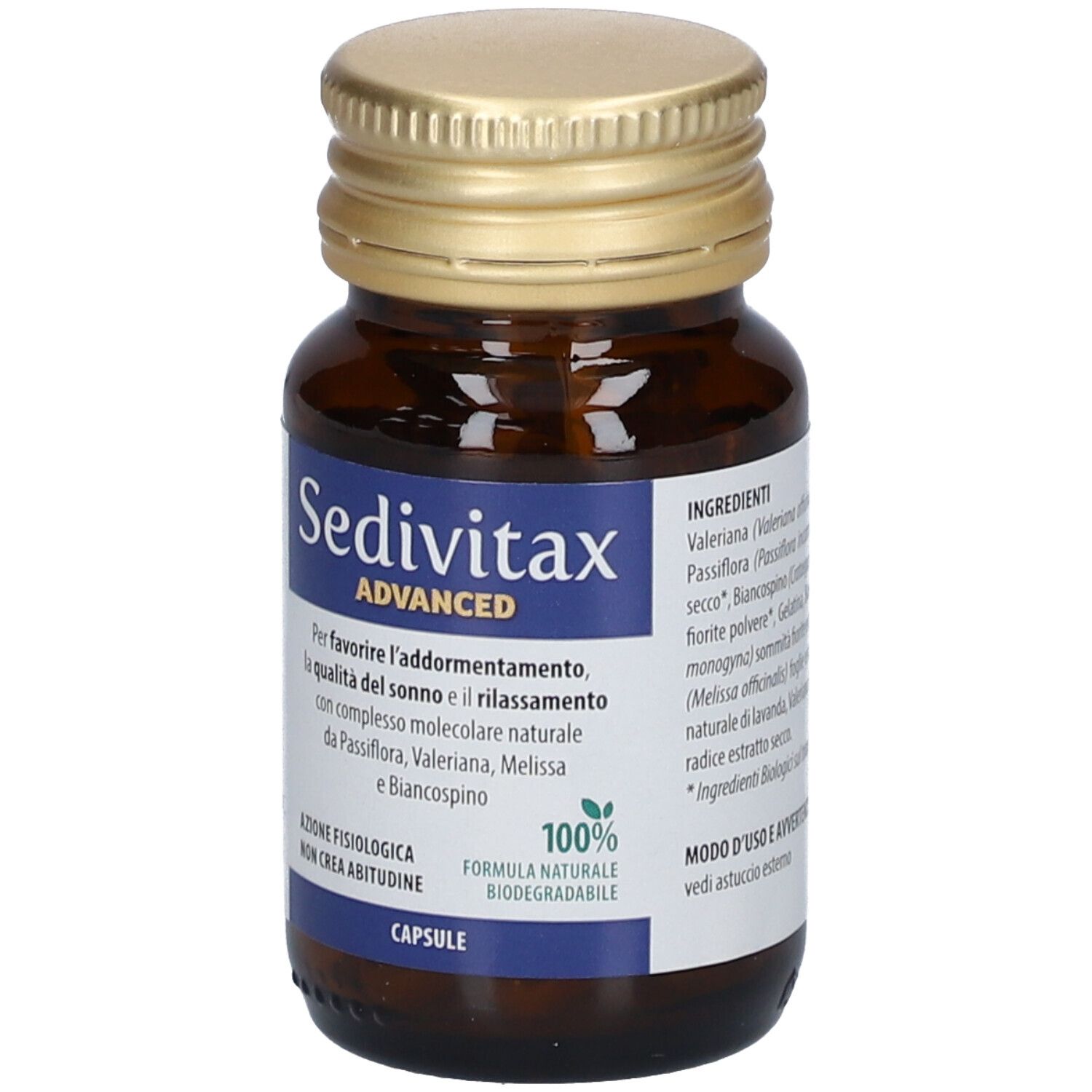 Flacone in vetro marrone Sedivitax Advanced. Tappo dorato. Etichetta con testo e ingredienti.