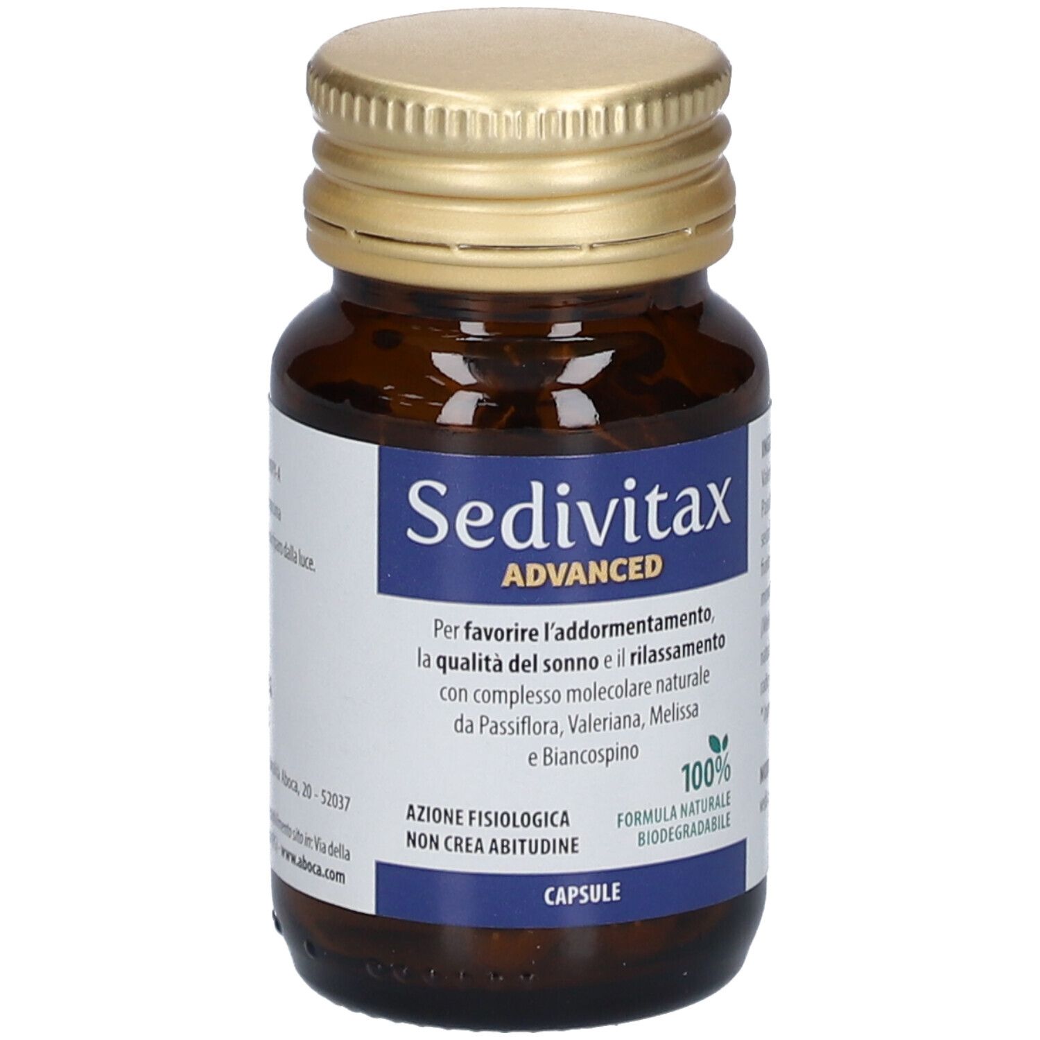 Flacone in vetro marrone Sedivitax Advanced. Tappo dorato. Etichetta con testo.