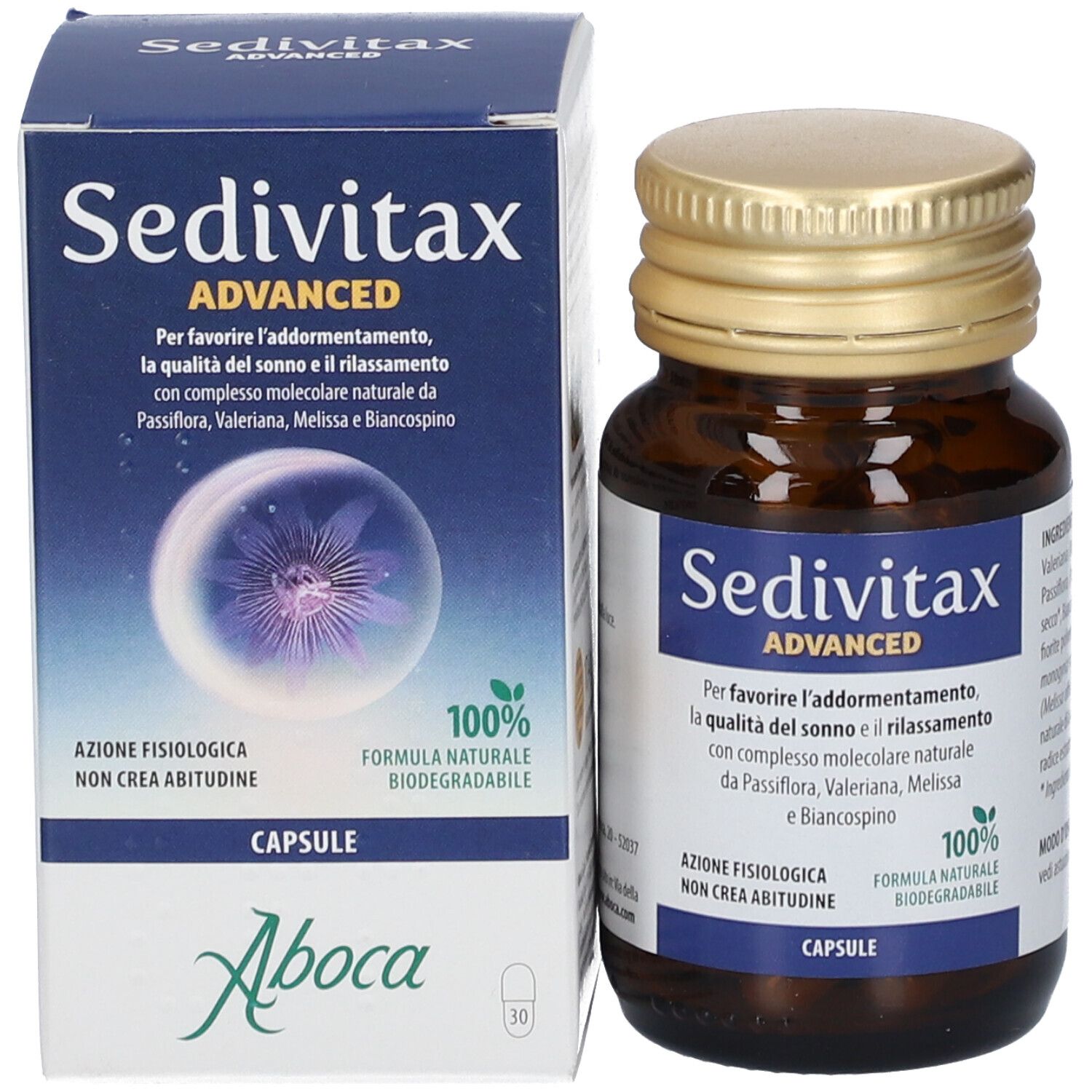 Confezione e flacone Sedivitax Advanced. Flacone marrone, tappo dorato. Scatola bianca.
