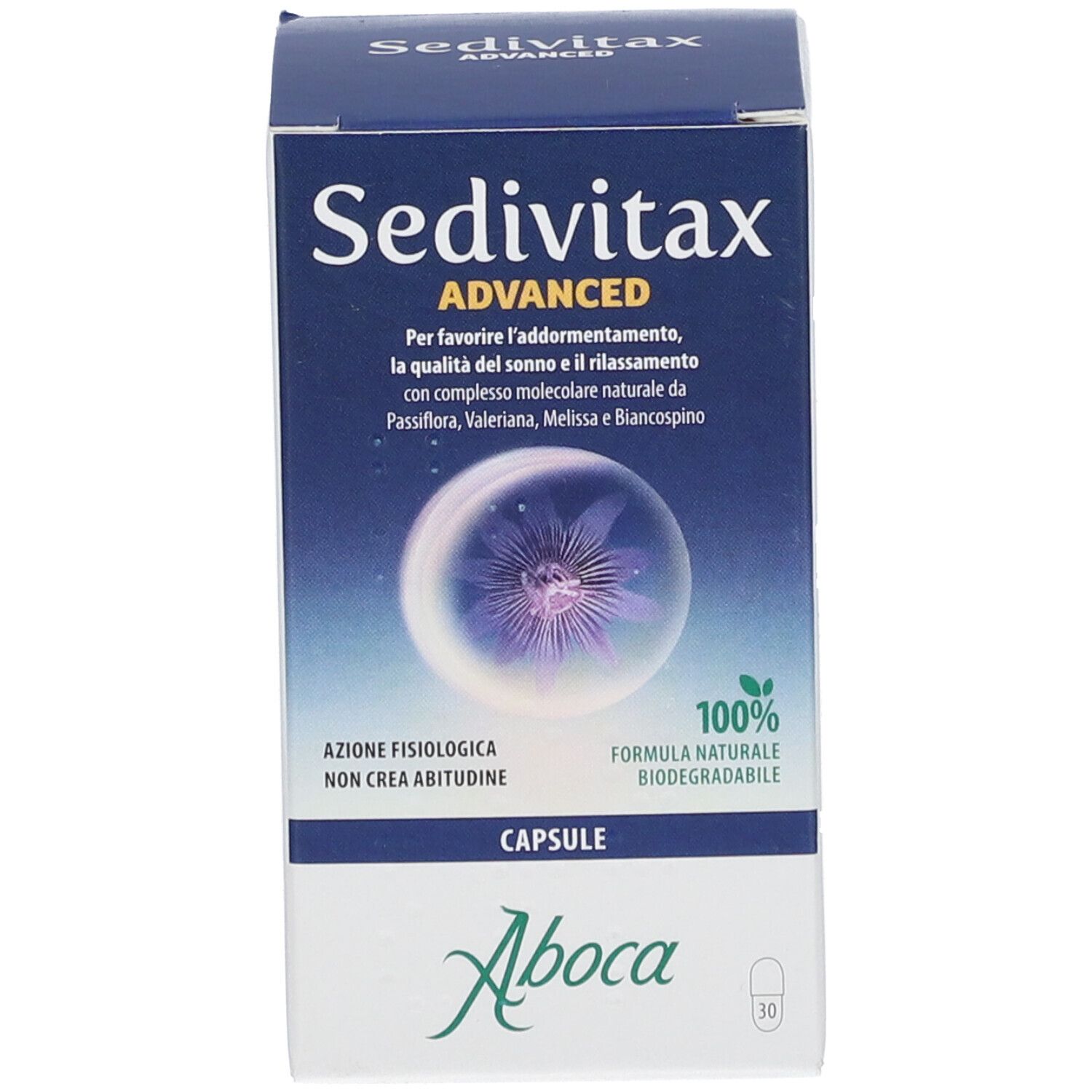 Scatola bianca Sedivitax Advanced. Logo Aboca in basso. Simbolo capsula. Design blu e bianco.