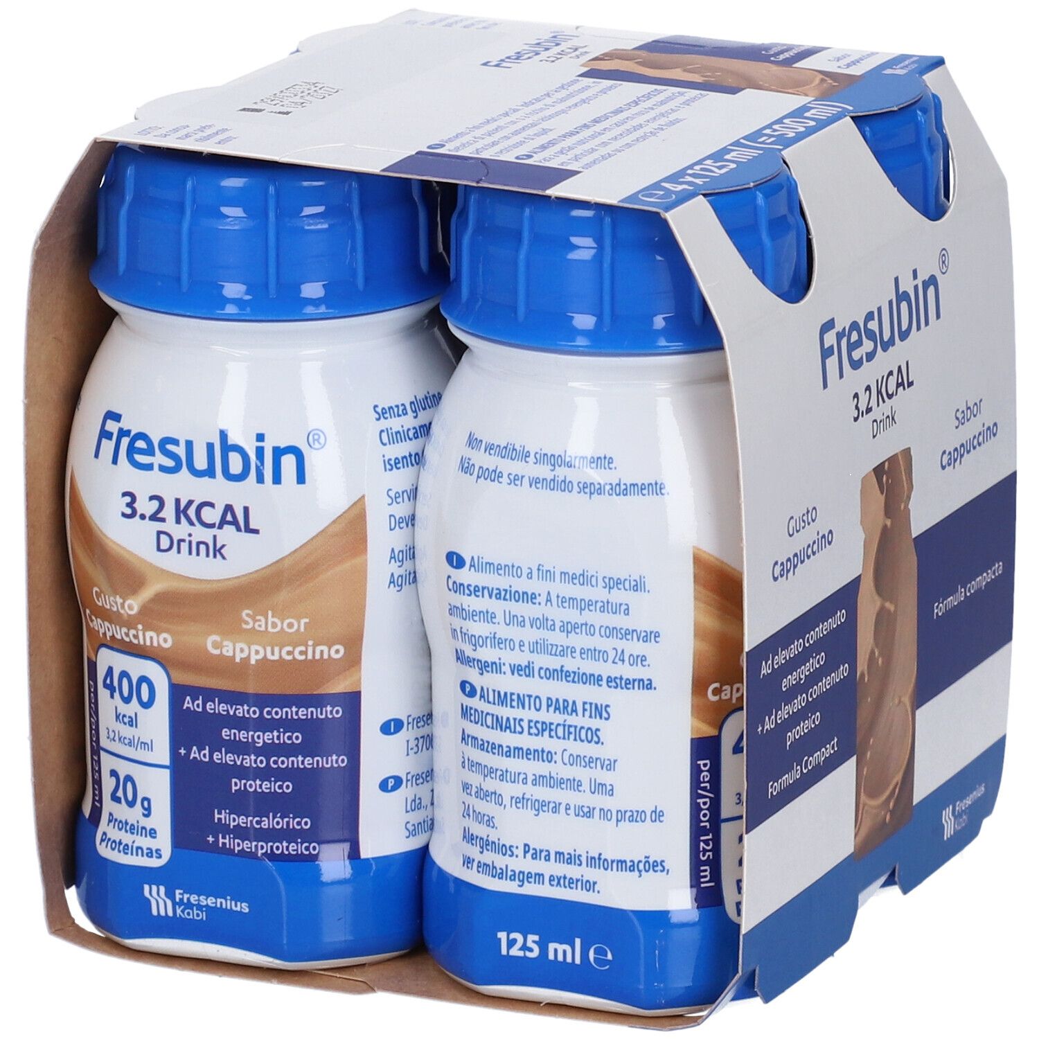 Fresubin 3,2 Kcal Drink Cappuccino, 4 bottiglie da 125ml, retro con informazioni nutrizionali.