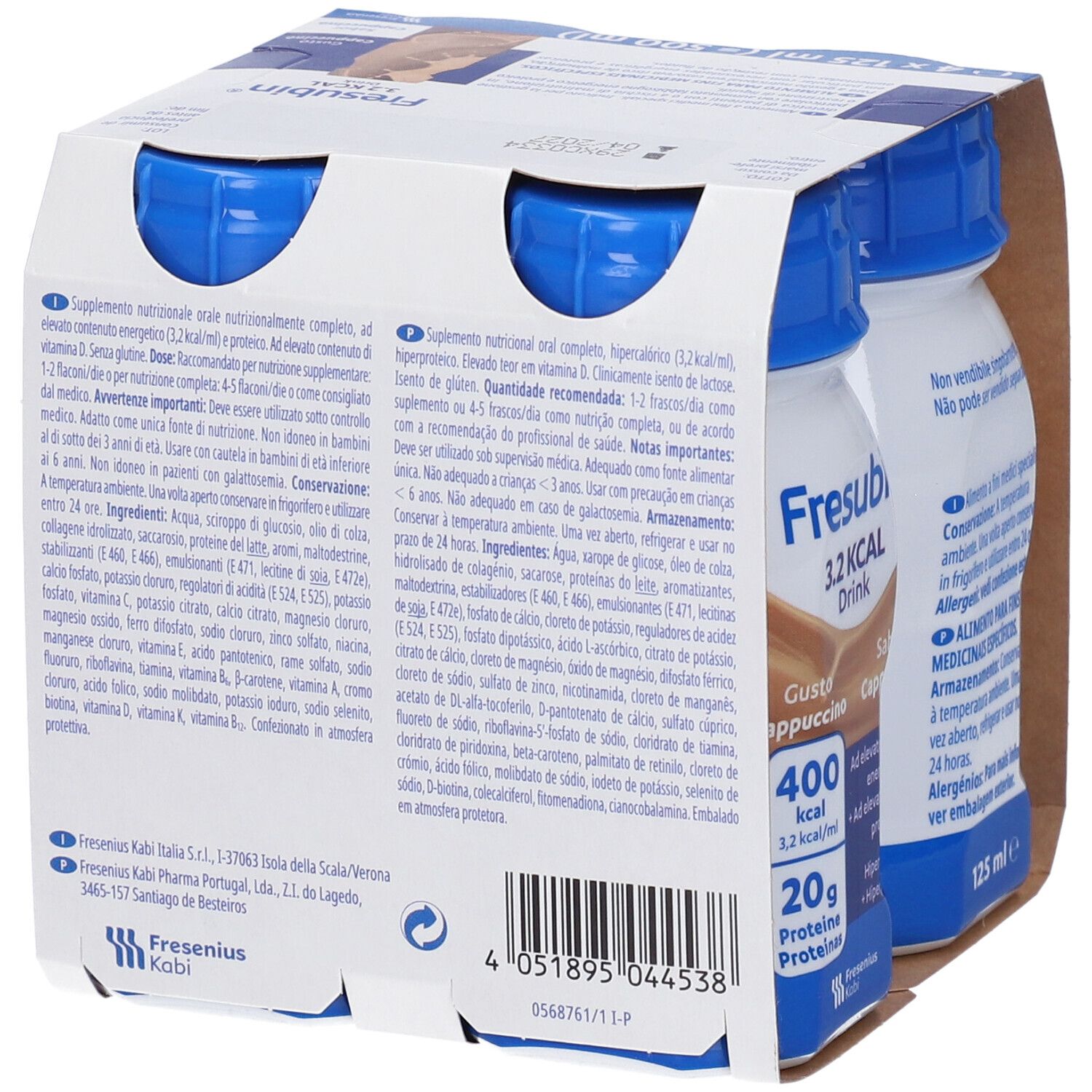 Fresubin 3,2 Kcal Drink Cappuccino, 4 bottiglie da 125ml, retro con elenco ingredienti dettagliato.