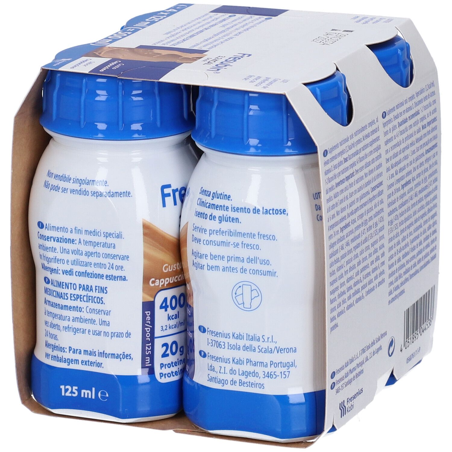 Fresubin 3,2 Kcal Drink Cappuccino, 4 bottiglie da 125ml, vista laterale con etichettatura.