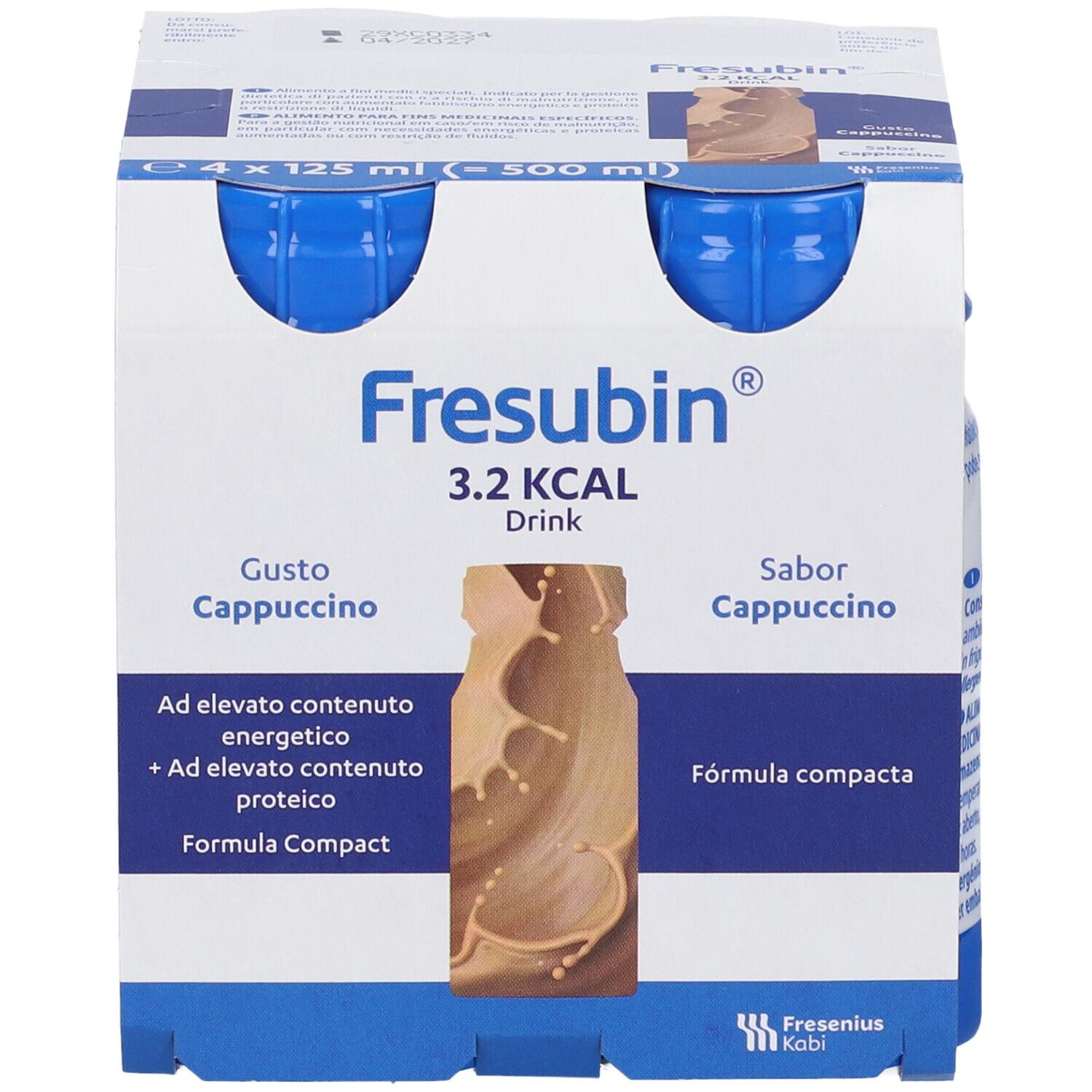 Fresubin 3,2 Kcal Drink Cappuccino, 4 bottiglie da 125ml, fronte con immagine del prodotto.