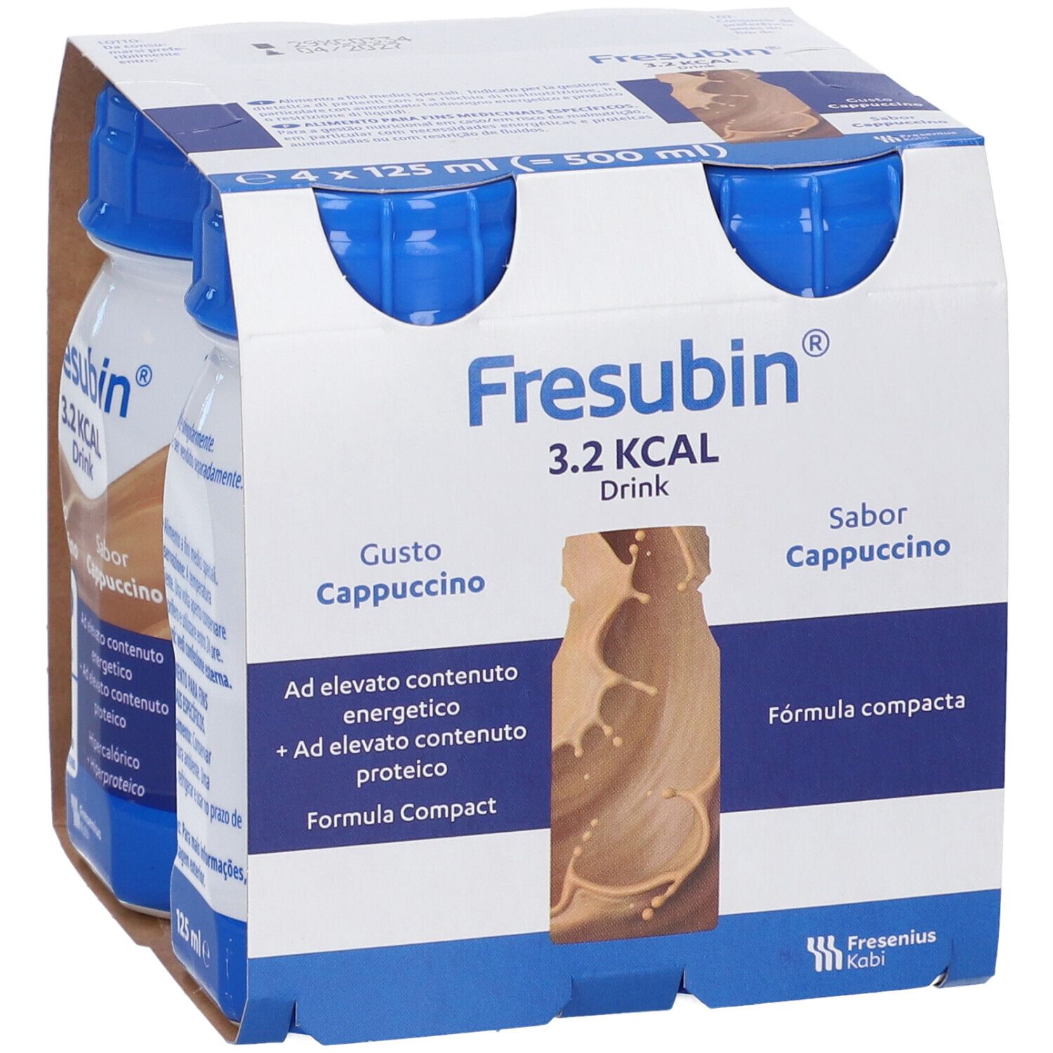 Fresubin 3,2 Kcal Drink Cappuccino, 4 bottiglie da 125ml, confezione in cartone con logo.