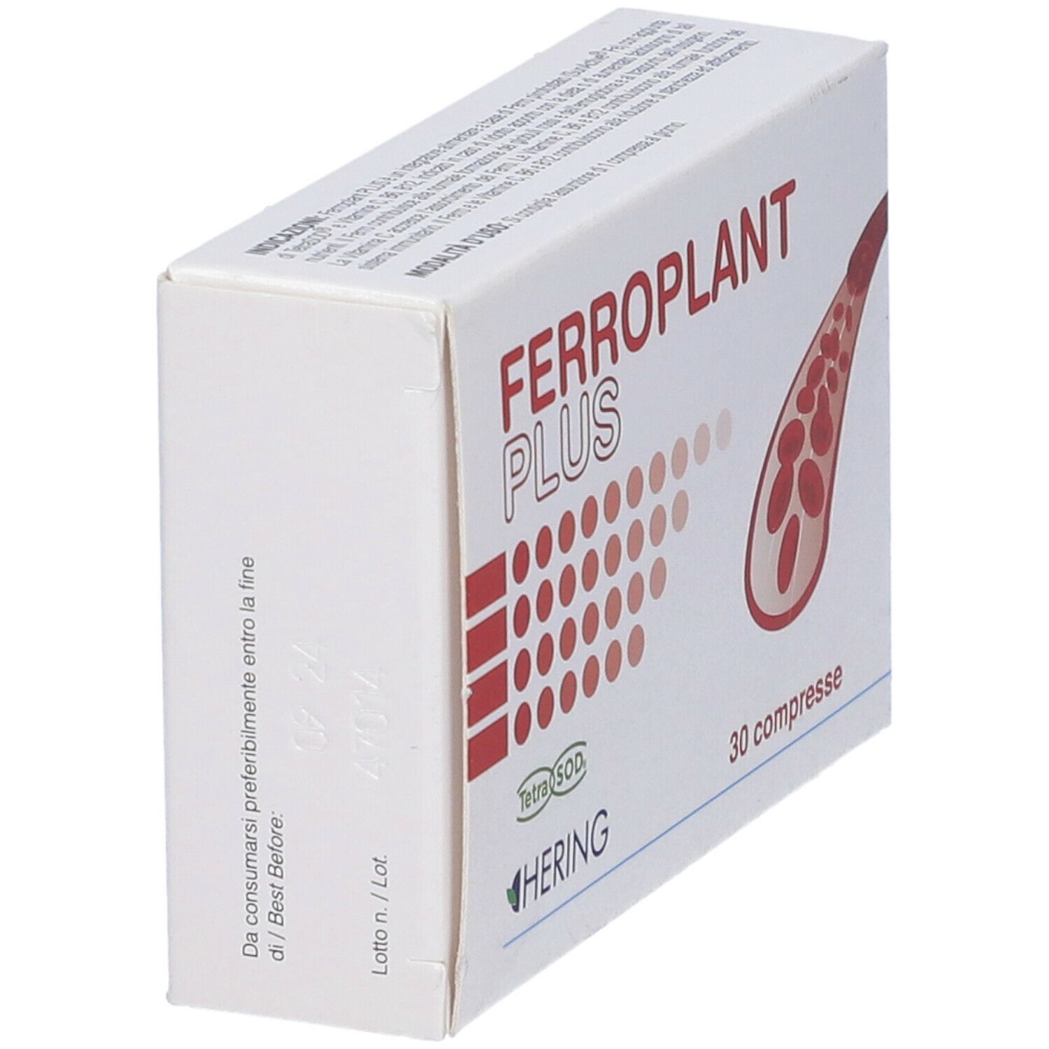 Scatola bianca Ferroplant Plus, 30 compresse. Logo Hering, grafica rossa e testo. Vista laterale.