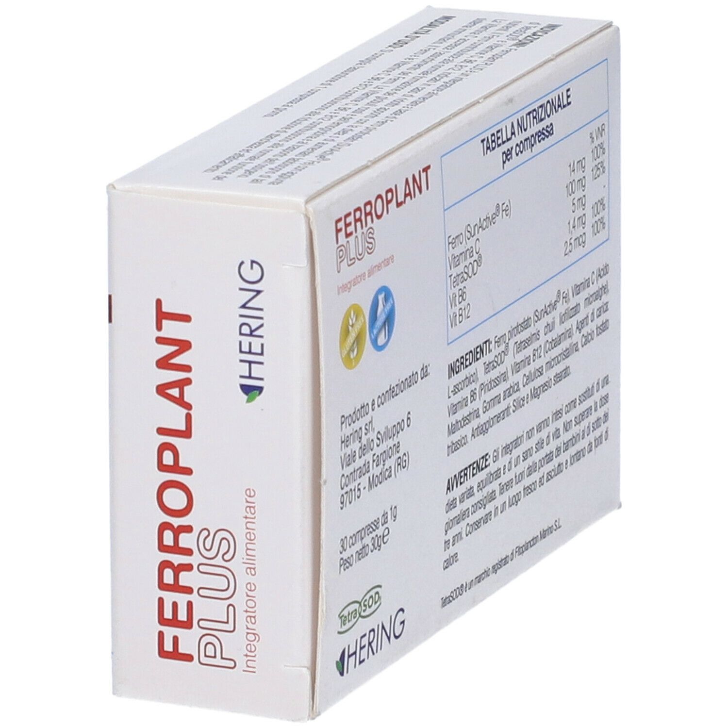 Scatola Ferroplant Plus, retro con tabella nutrizionale e informazioni produttore. Vista angolata.