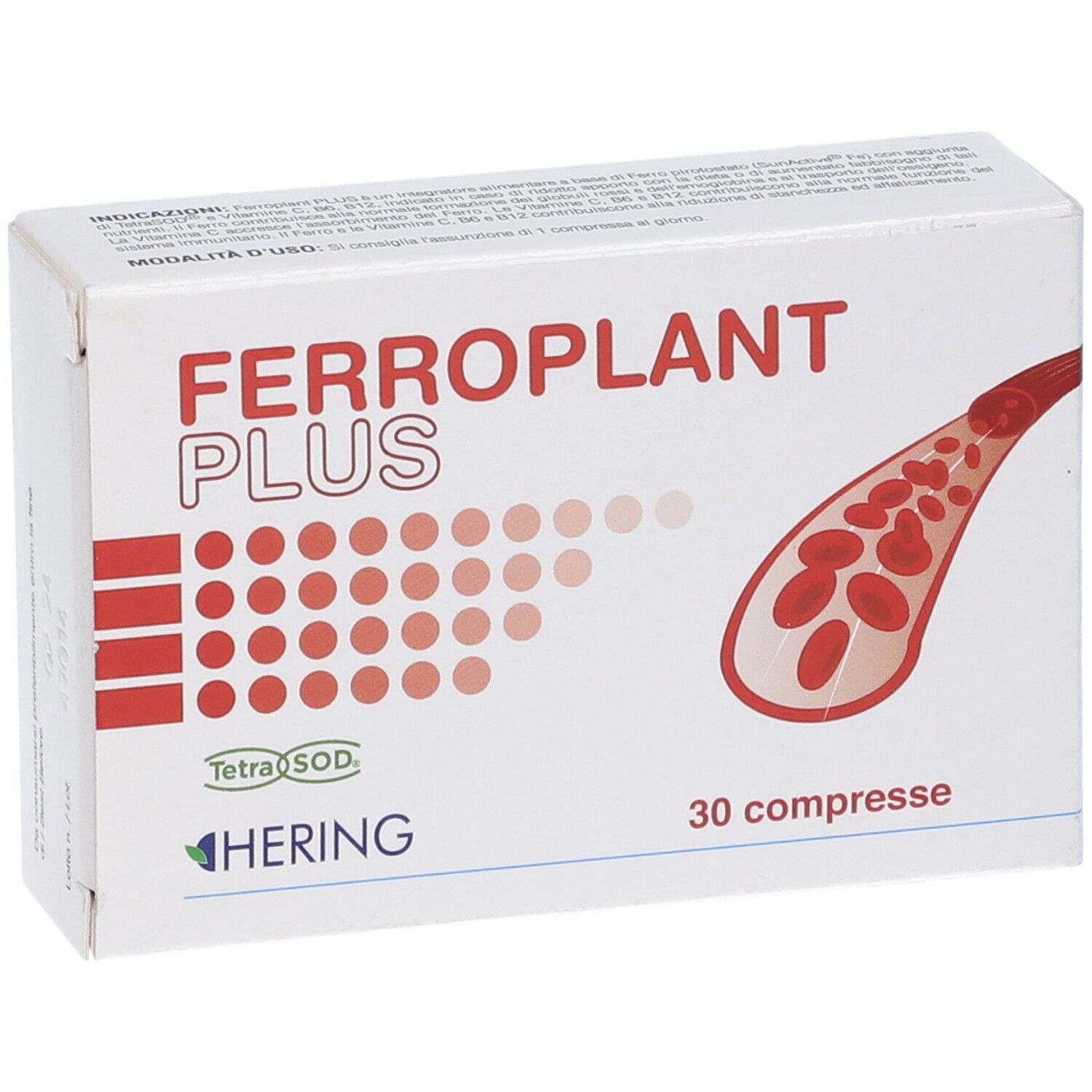 Scatola bianca Ferroplant Plus, 30 compresse. Logo Hering, grafica rossa e testo.