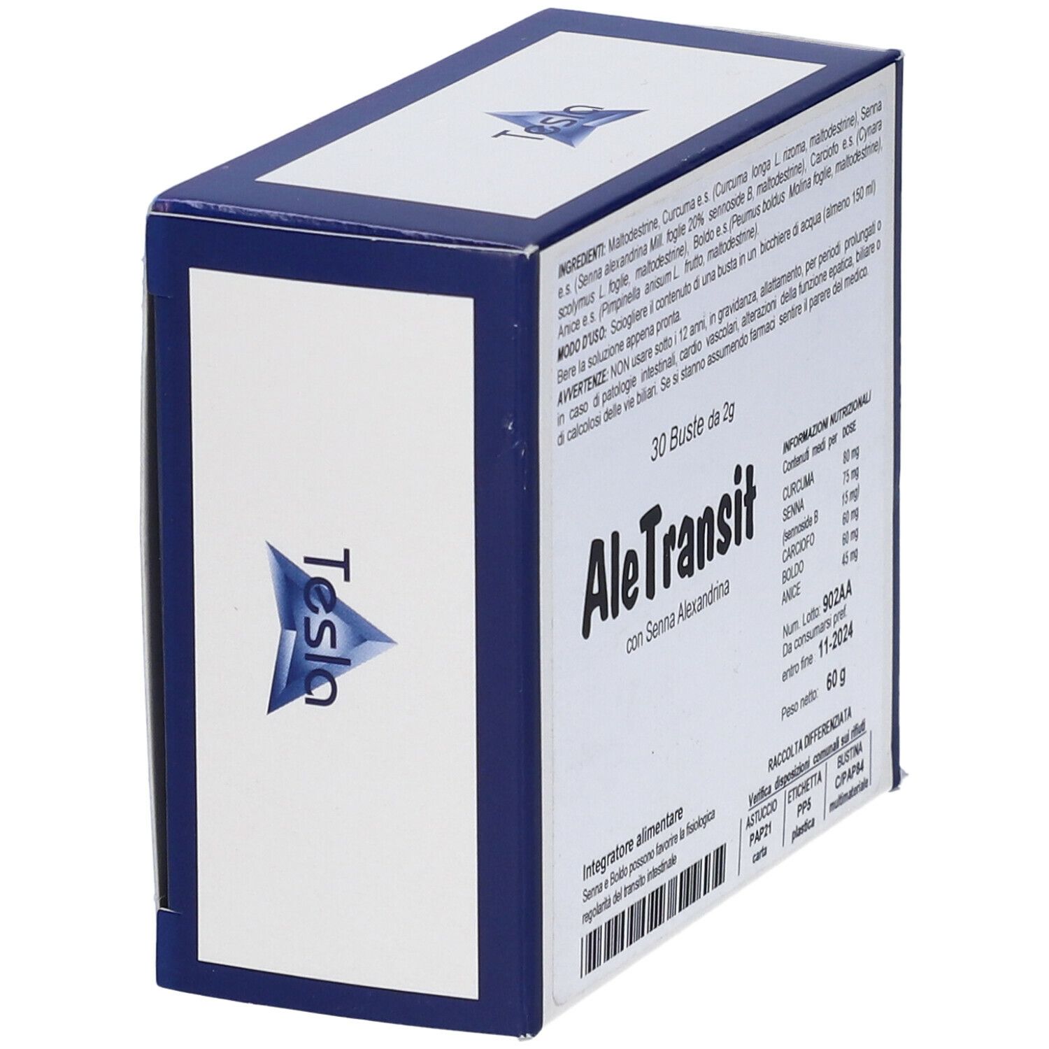 Scatola di AleTransit 30Bust. Confezione blu e bianca con nome del prodotto e informazioni. Contiene 30 bustine.