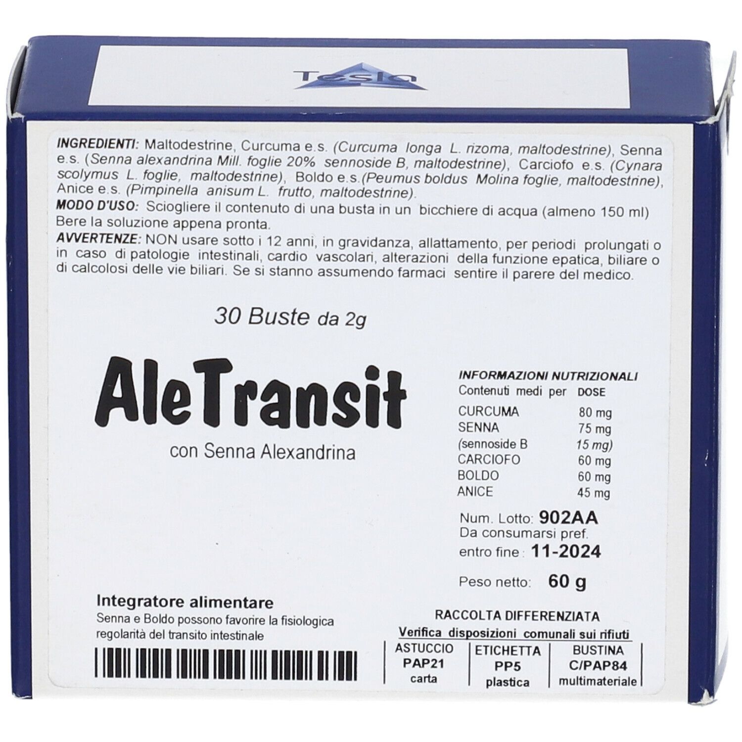 Scatola di AleTransit 30Bust. Confezione blu e bianca con nome del prodotto e informazioni. Contiene 30 bustine.