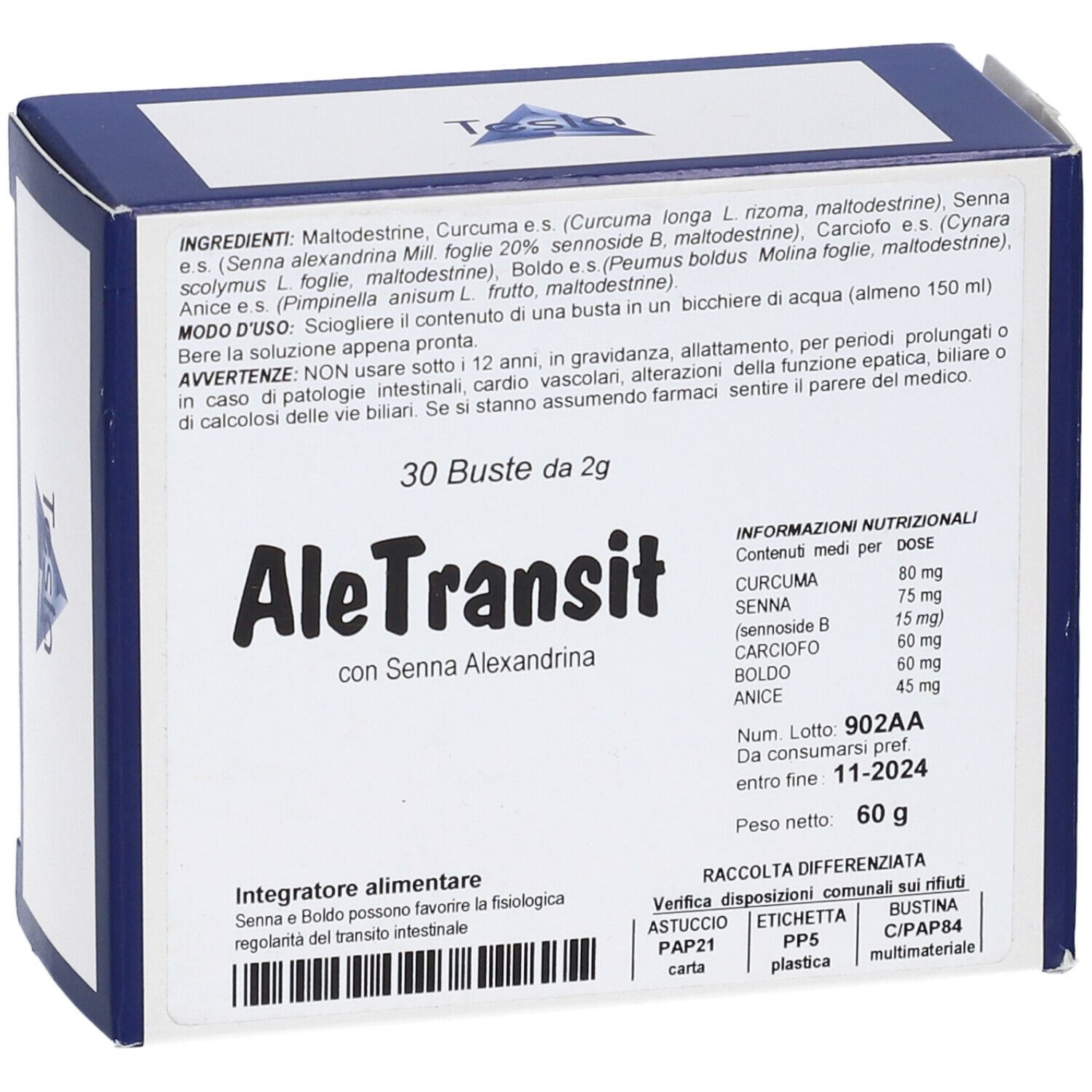 Scatola di AleTransit 30Bust. Confezione blu e bianca con nome del prodotto e informazioni. Contiene 30 bustine.