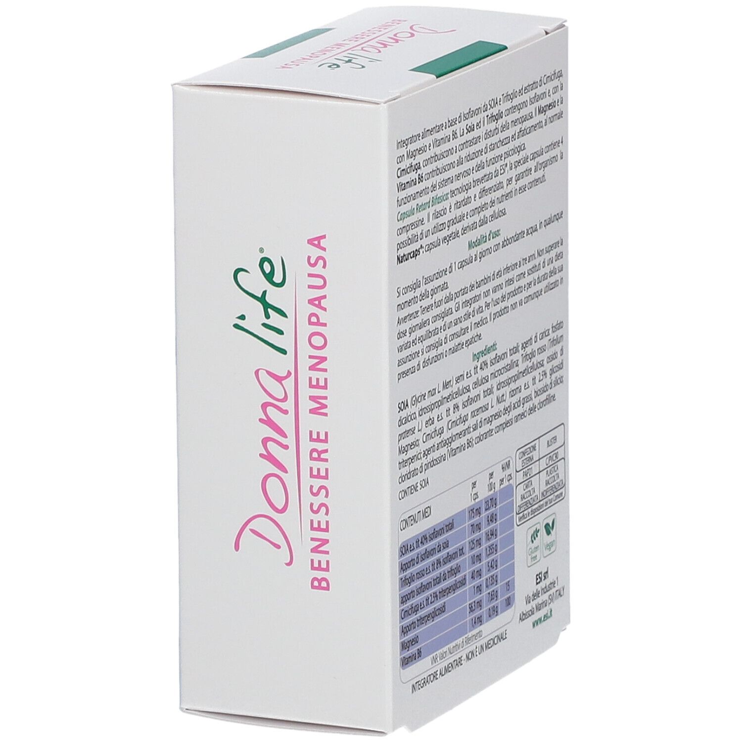 Confezione ESI Donna Life Benessere Menopausa, vista posteriore. Testo con ingredienti e nutrizionali.