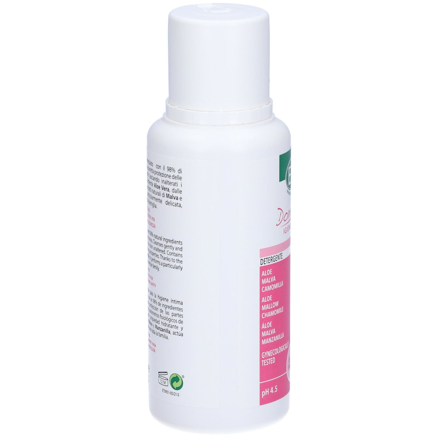 Flacone bianco con testo sul retro. Testo: ESI Donna life, Igien Intima, pH 4.5. Certificazione verde.