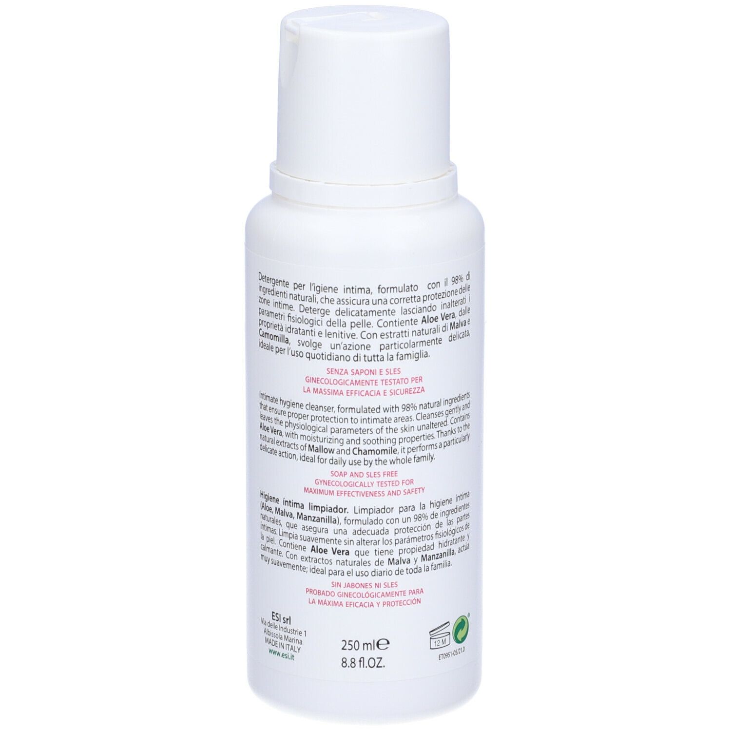 Flacone bianco con testo sul retro. Testo: ESI Donna life, Igien Intima, pH 4.5. 250 ml. Certificazione verde.
