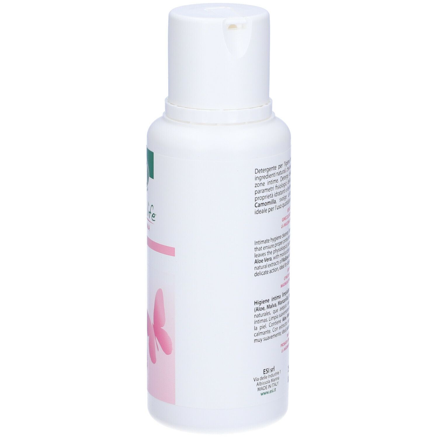 Flacone bianco con etichetta verde e rosa. Testo: ESI Donna life, Igien Intima, pH 4.5. Farfalla rosa.