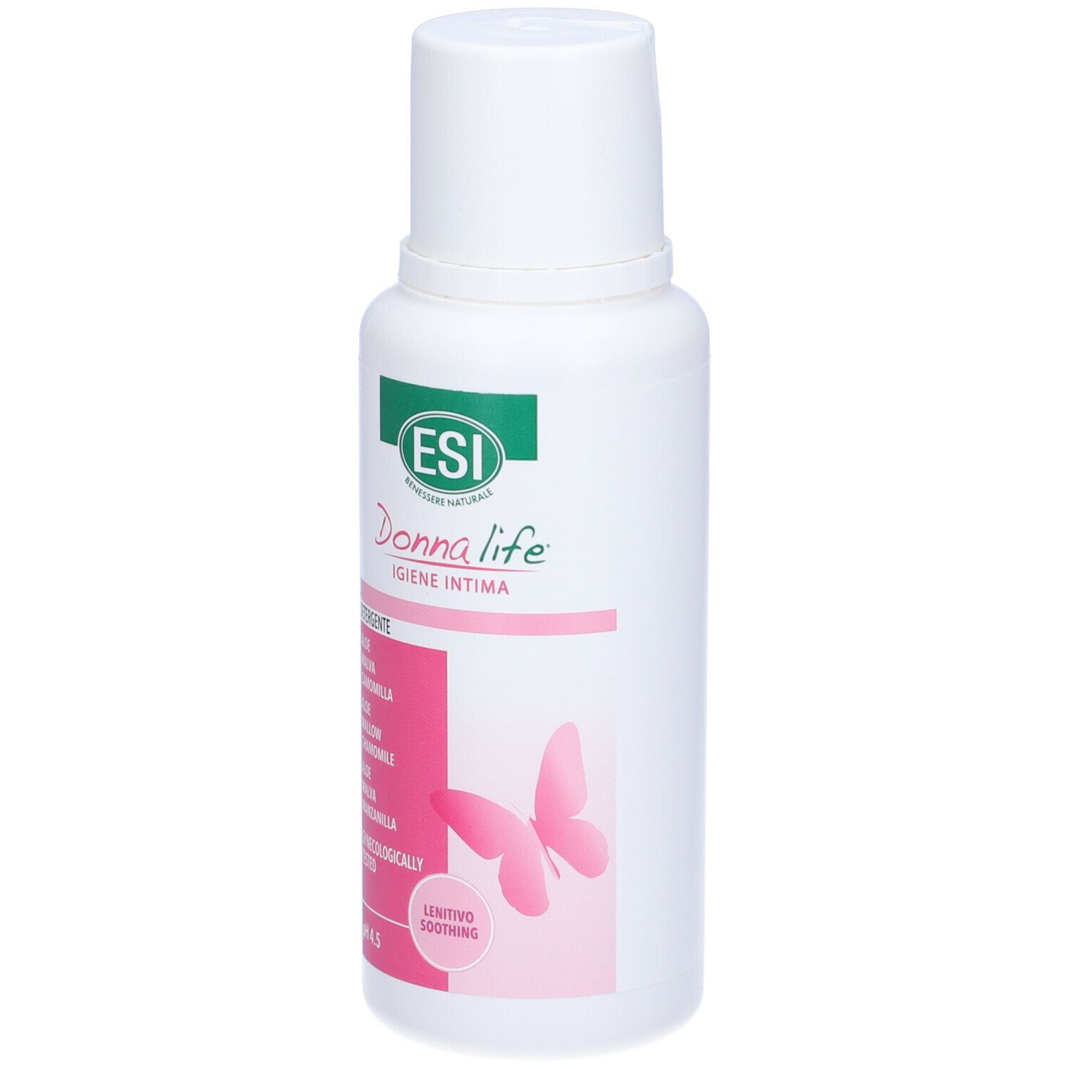 Flacone bianco con etichetta verde e rosa. Testo: ESI Donna life, Igien Intima, pH 4.5. Farfalla rosa.