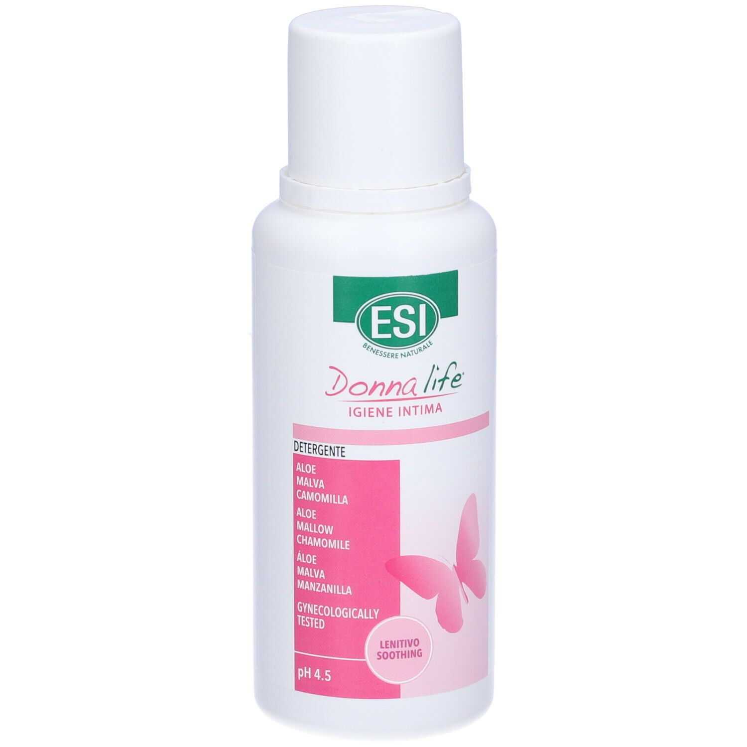 Flacone bianco con etichetta verde e rosa. Testo: ESI Donna life, Igien Intima, pH 4.5. Farfalla rosa.