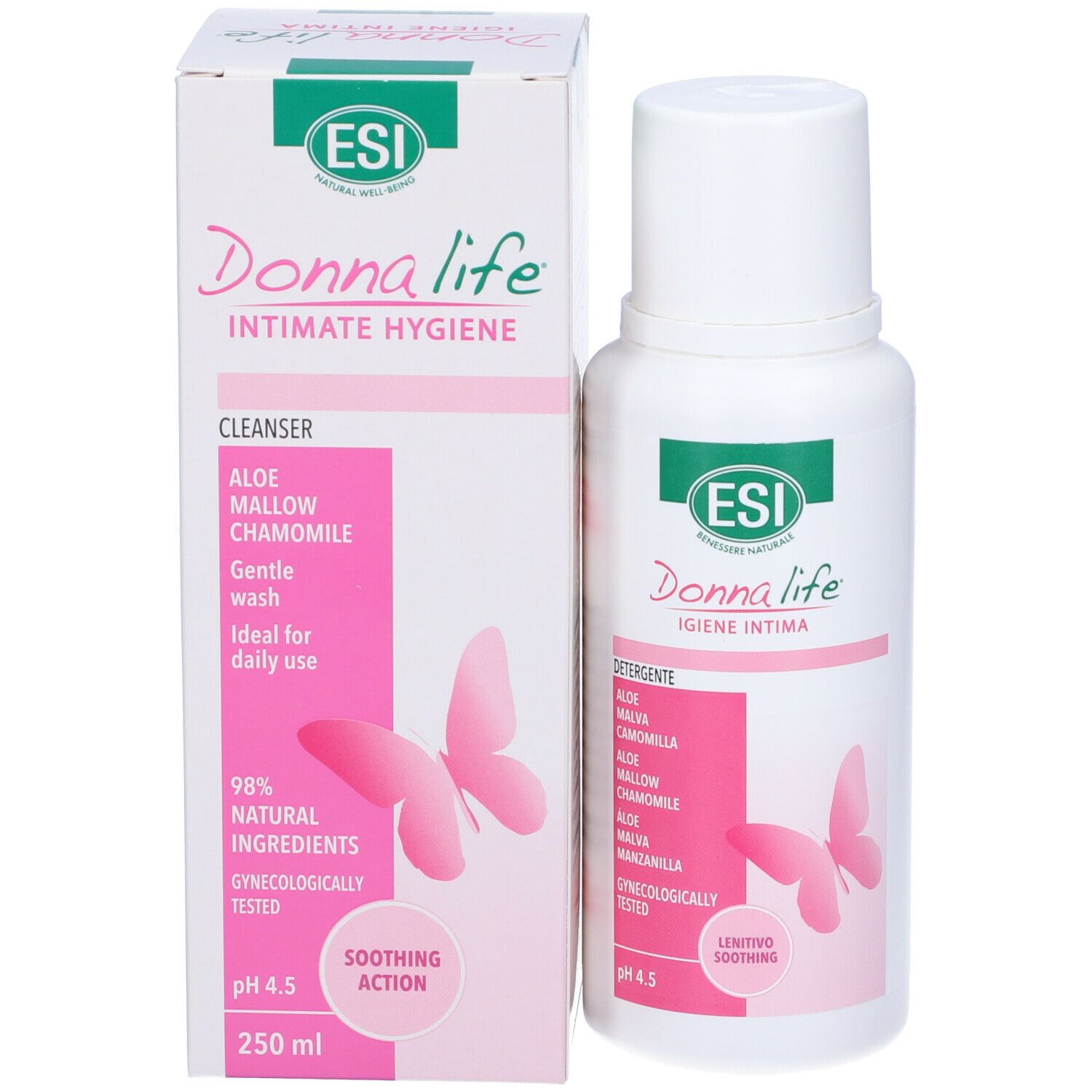Confezione e flacone del prodotto. Testo: ESI Donna life, Intimate Hygiene, pH 4.5, 250 ml. Farfalla rosa.