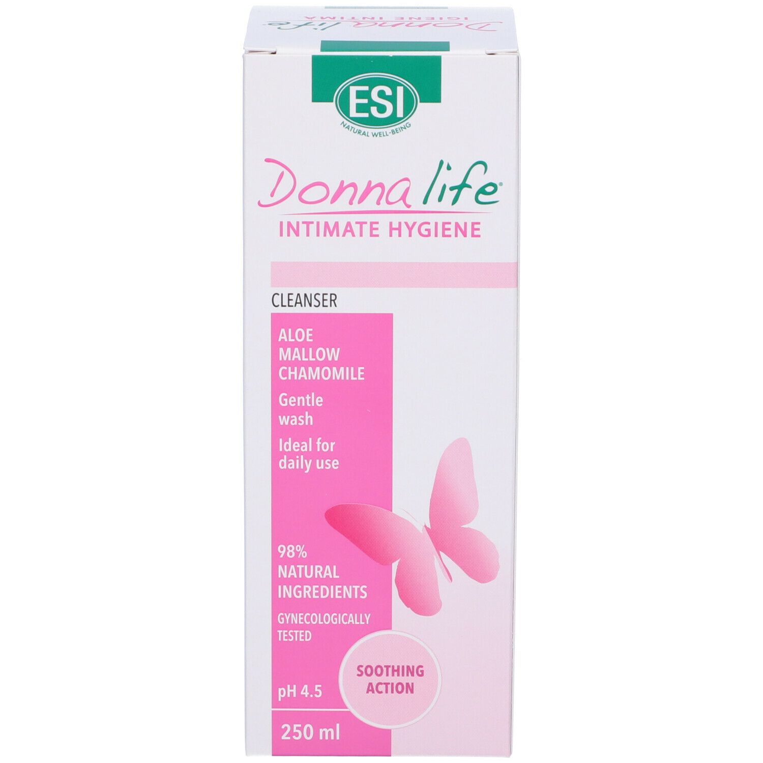 Confezione del prodotto. Testo: ESI Donna life, Intimate Hygiene, pH 4.5, 250 ml. Farfalla rosa.
