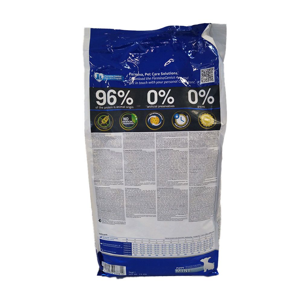 Retro del sacchetto Farmina N&D Ocean Mini per cuccioli. Testo, loghi e informazioni nutrizionali. Sfondo bianco.