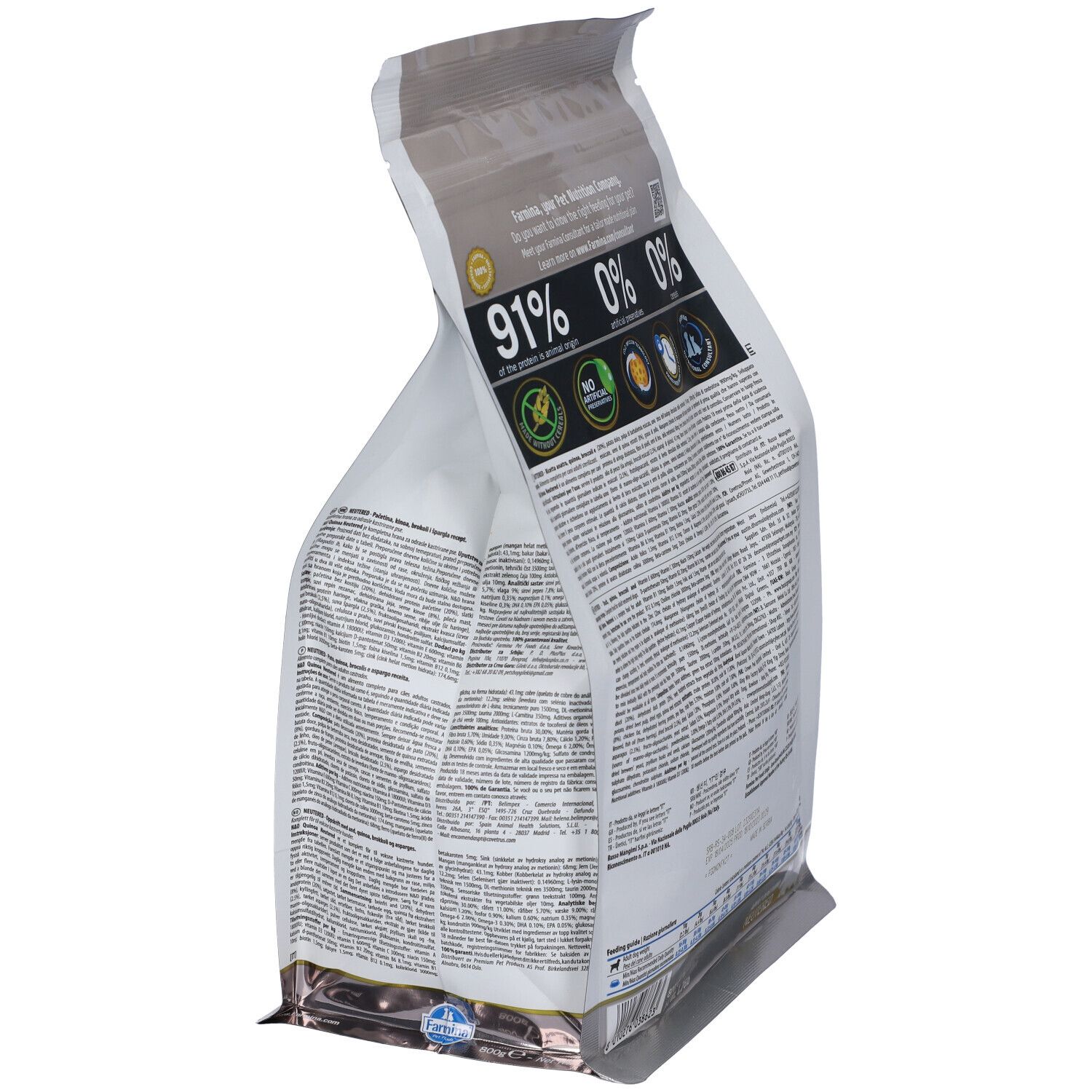 Vista obliqua del retro di un sacchetto di cibo per cani. Scritta Farmina. Informazioni sul contenuto proteico e sugli ingredienti. Testo multilingue.