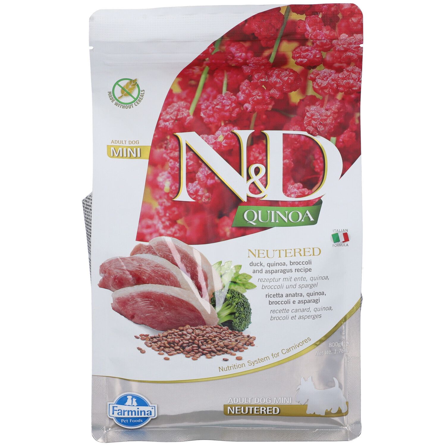 Parte anteriore della confezione di cibo per cani. Nome del prodotto e ingredienti visibili. Anatra, quinoa, broccoli e asparagi.