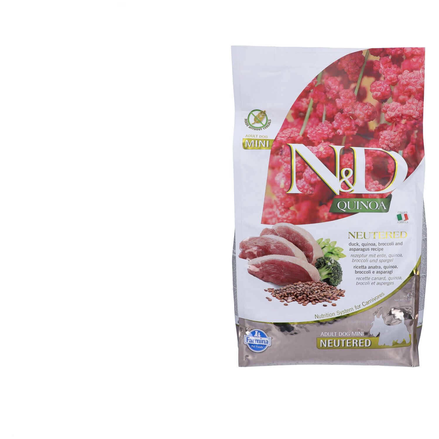 Confezione Farmina N&D Quinoa. Contiene anatra, broccoli e quinoa. Formato Mini per cani adulti sterilizzati. Bandiera italiana.