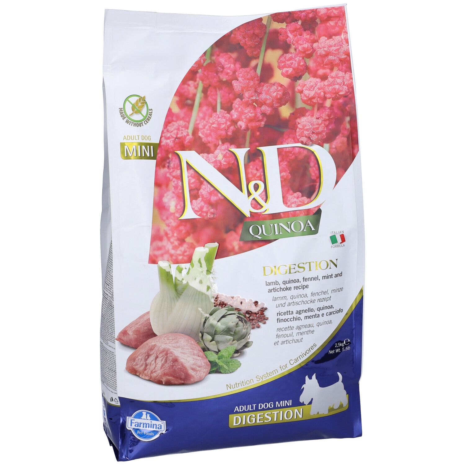Confezione di cibo secco. Scritta: N&D Quinoa Digestion, ingredienti, Mini, Adult Dog. Immagine: agnello, finocchio, carciofo. Marchio Farmina.