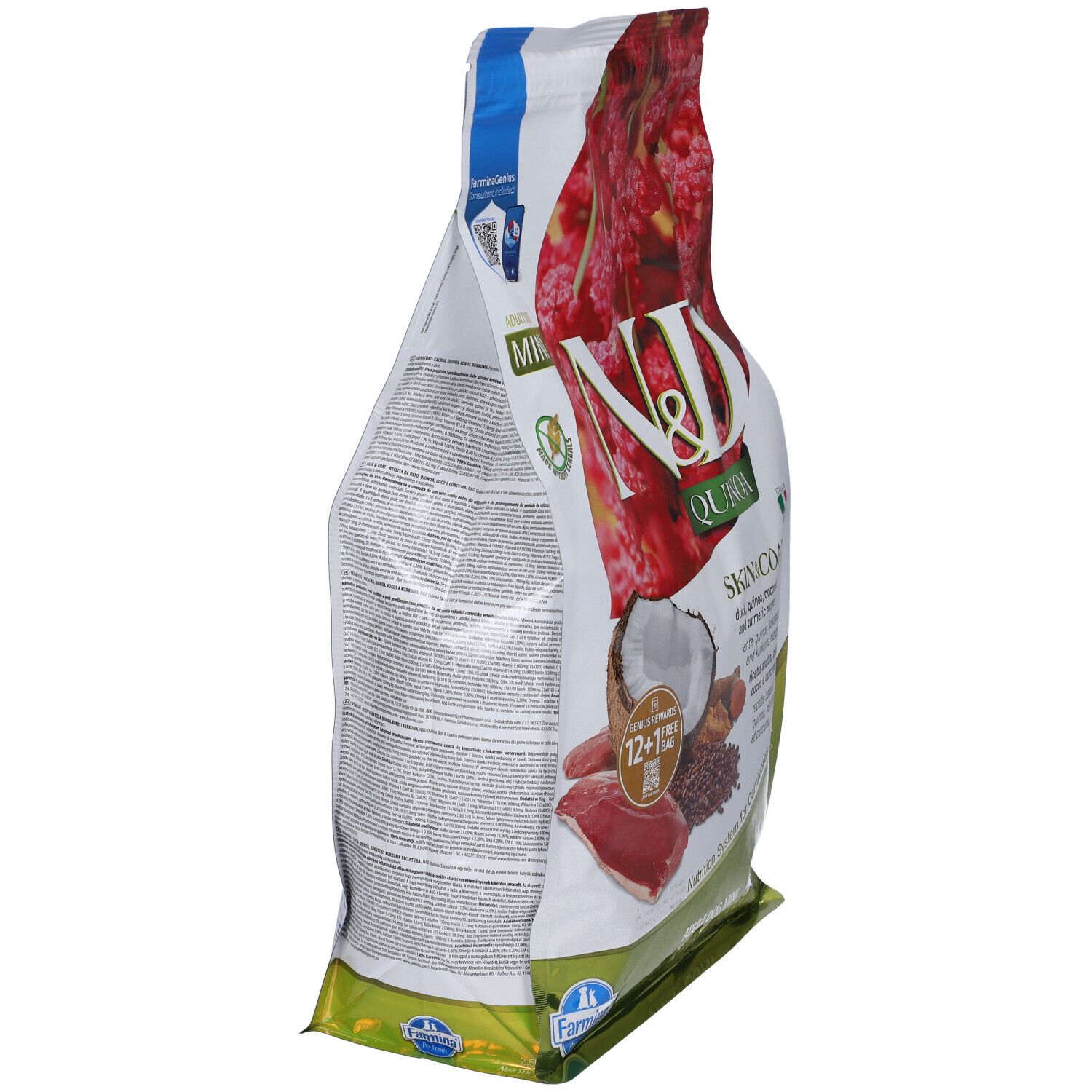 Vista laterale del sacchetto di cibo per cani N&D Quinoa, anatra, Skin & Coat. Testo e ingredienti visibili.