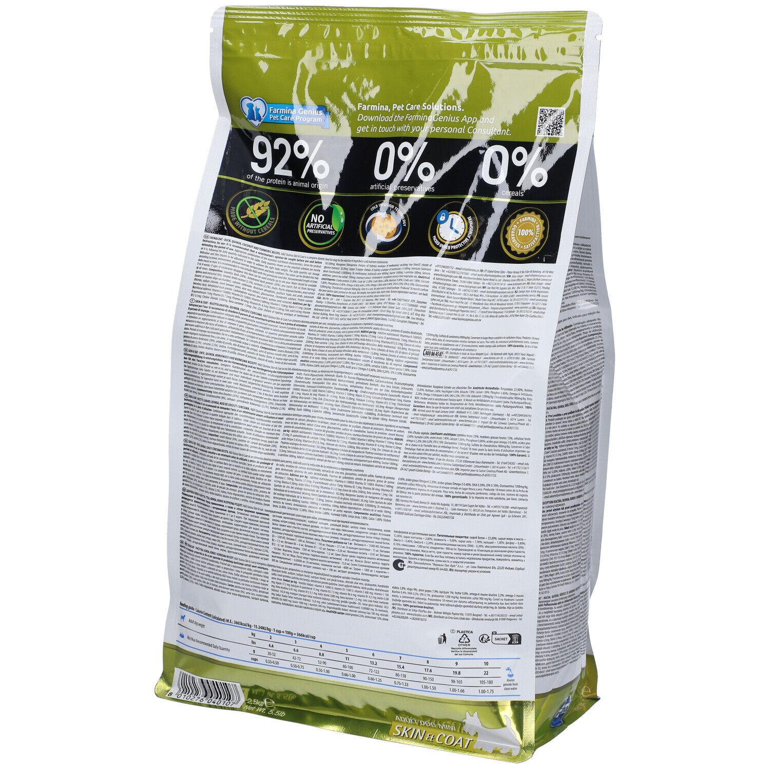 Retro del sacchetto di cibo per cani N&D Quinoa, anatra, Skin & Coat. Testo con informazioni nutrizionali e loghi.