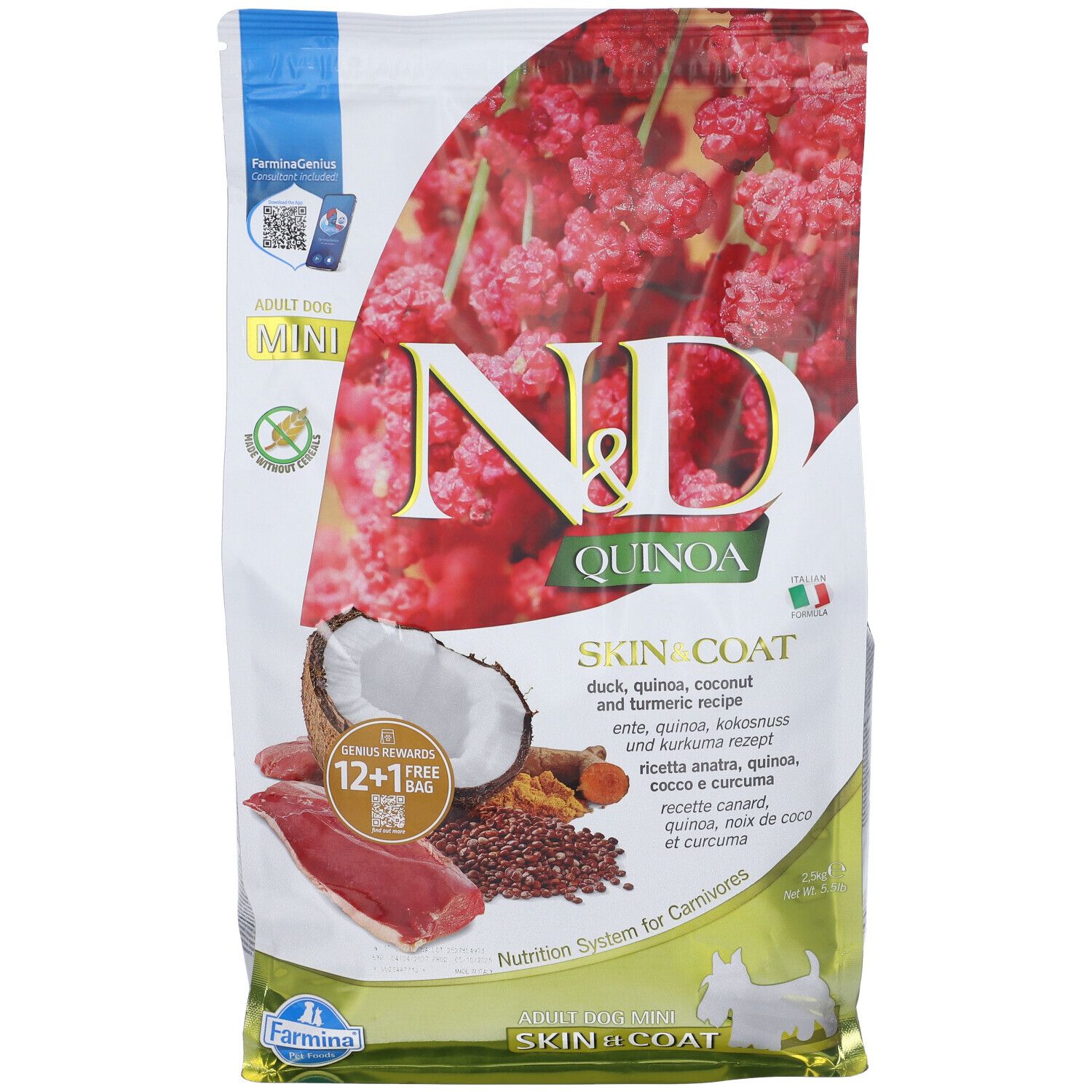 Sacchetto di cibo per cani N&D Quinoa, anatra, Skin & Coat. Ingredienti: anatra, cocco, quinoa, curcuma. Mini Adult.