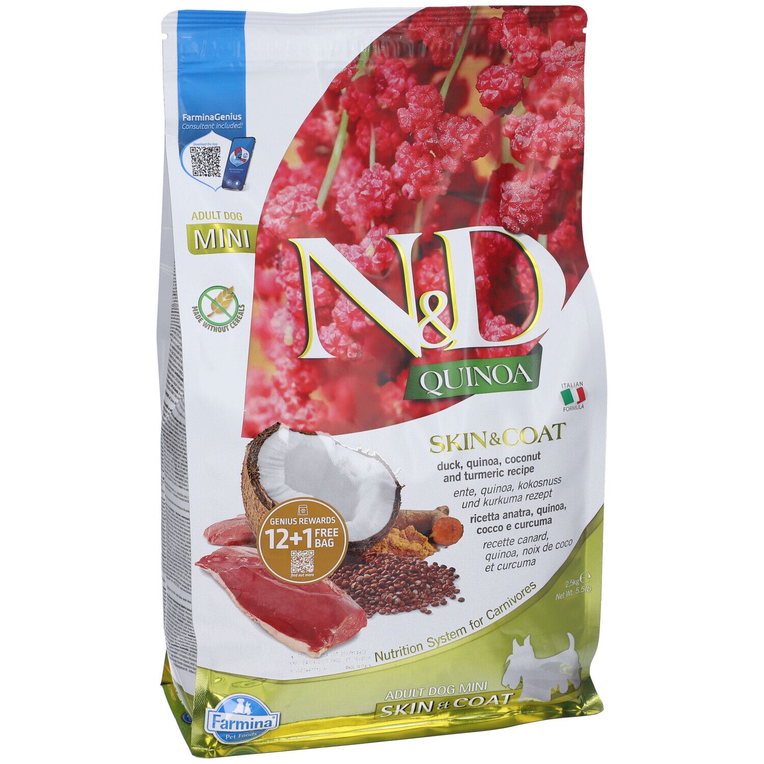 Sacchetto di cibo per cani N&D Quinoa, anatra, Skin & Coat. Ingredienti: anatra, cocco, quinoa, curcuma. Mini Adult.