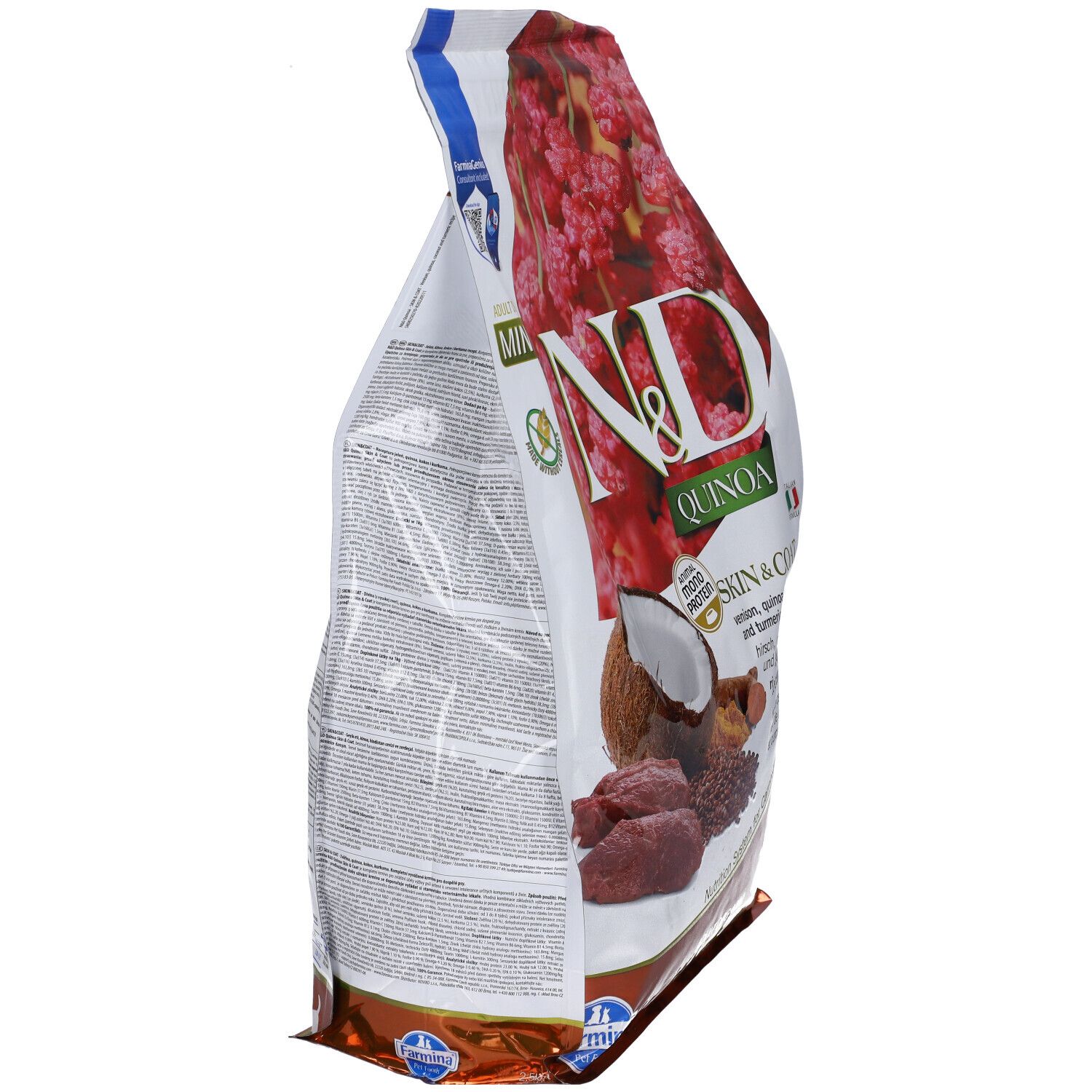 Sacchetto di cibo per cani N&D Quinoa Skin & Coat, vista laterale. Testo e illustrazioni di ingredienti come cocco e carne.