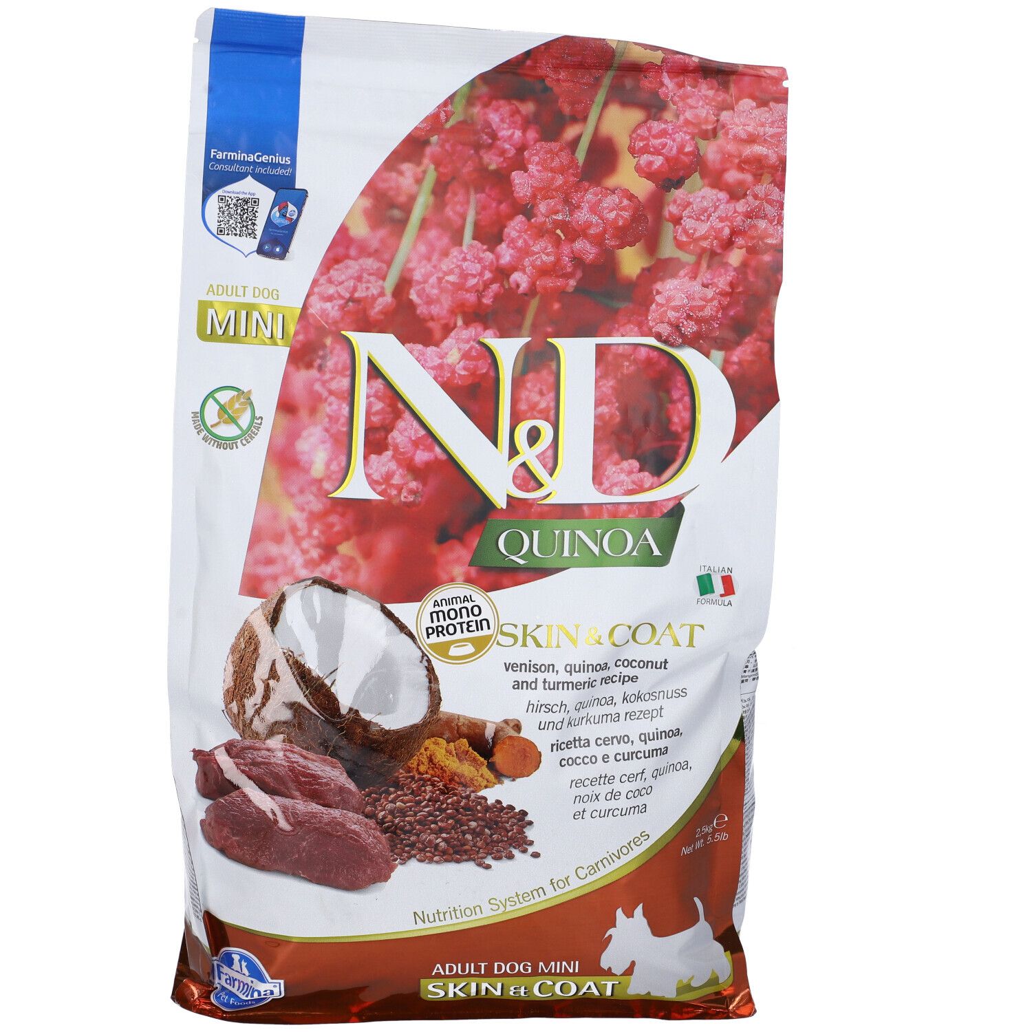 Sacchetto di cibo per cani N&D Quinoa Skin & Coat. Vista frontale con ingredienti: cocco, carne, quinoa e curcuma. Mini.