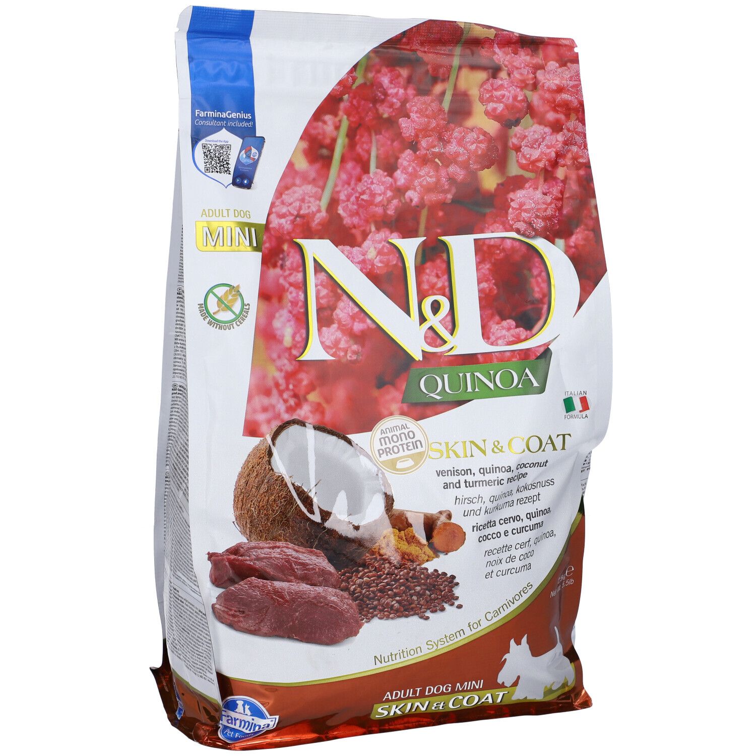 Sacchetto di cibo per cani N&D Quinoa Skin & Coat. Vista frontale con ingredienti: cocco, carne, quinoa e curcuma. Mini.