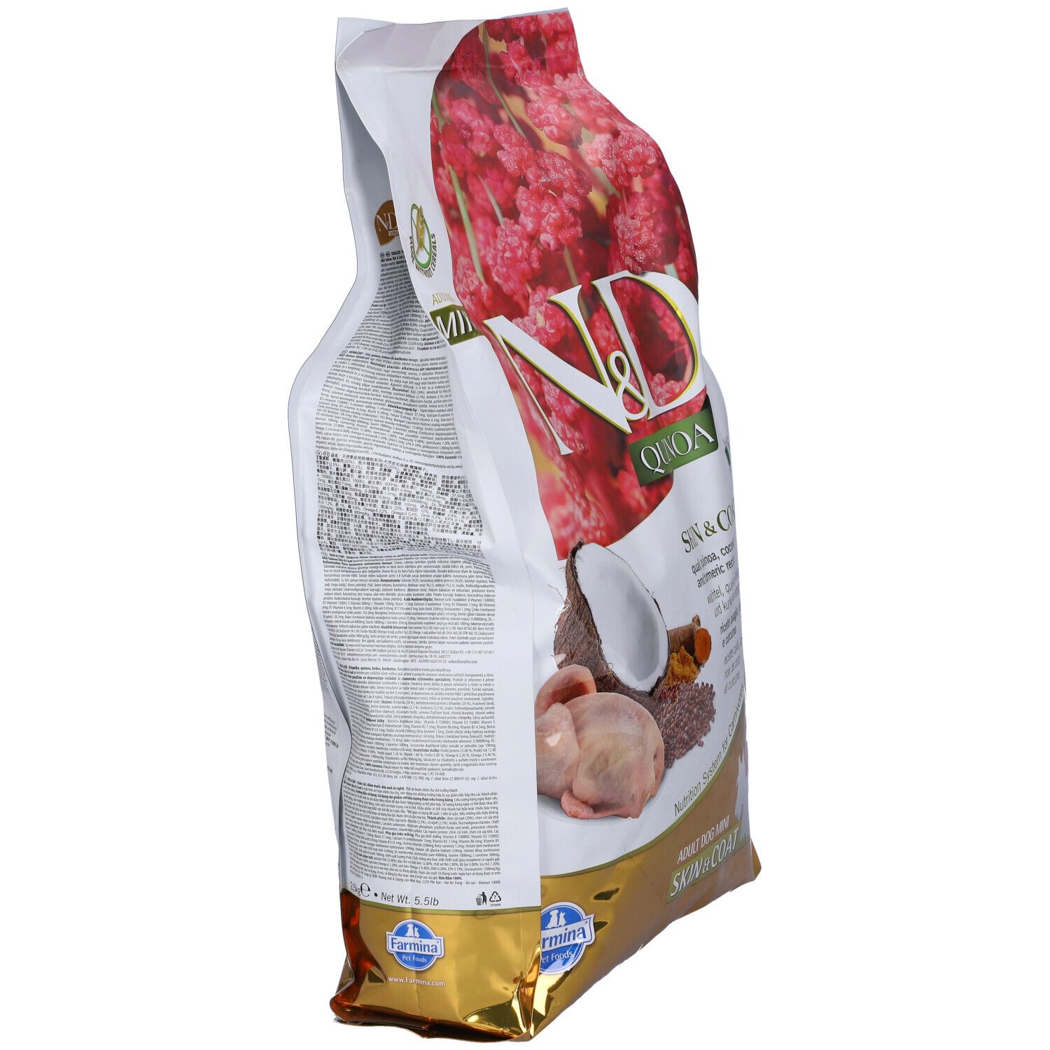 Vista laterale della confezione di cibo secco. Scritta: N&D Quinoa Skin & Coat. Immagine degli ingredienti.