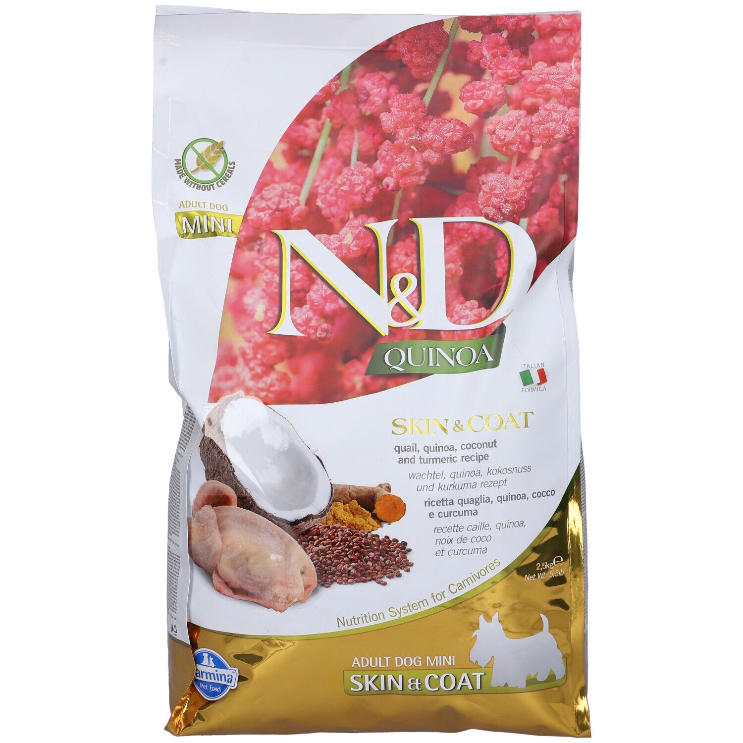Confezione di cibo secco. Scritta: N&D Quinoa Skin & Coat. Immagine degli ingredienti: quaglia, cocco, curcuma.
