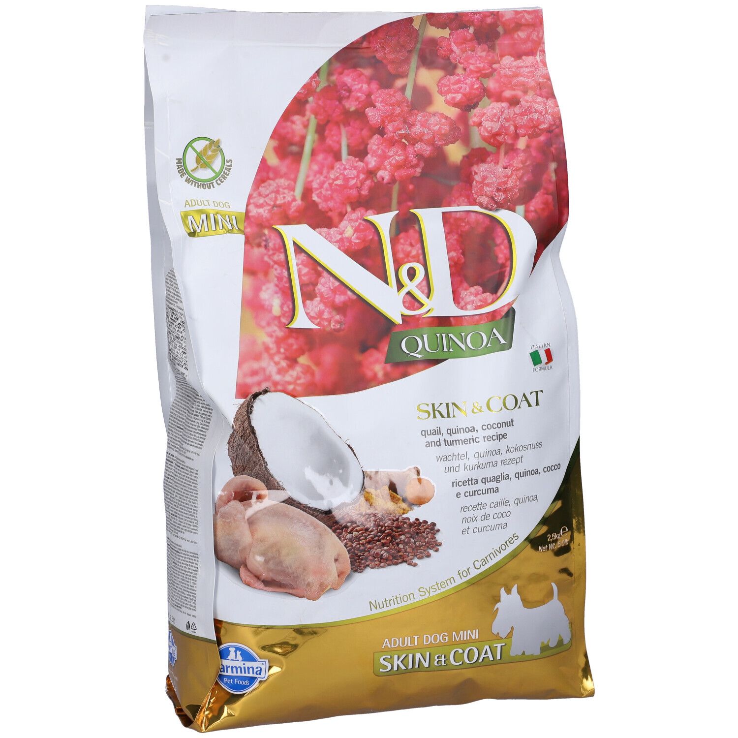 Confezione di cibo secco. Scritta: N&D Quinoa Skin & Coat. Immagine degli ingredienti: quaglia, cocco, curcuma.