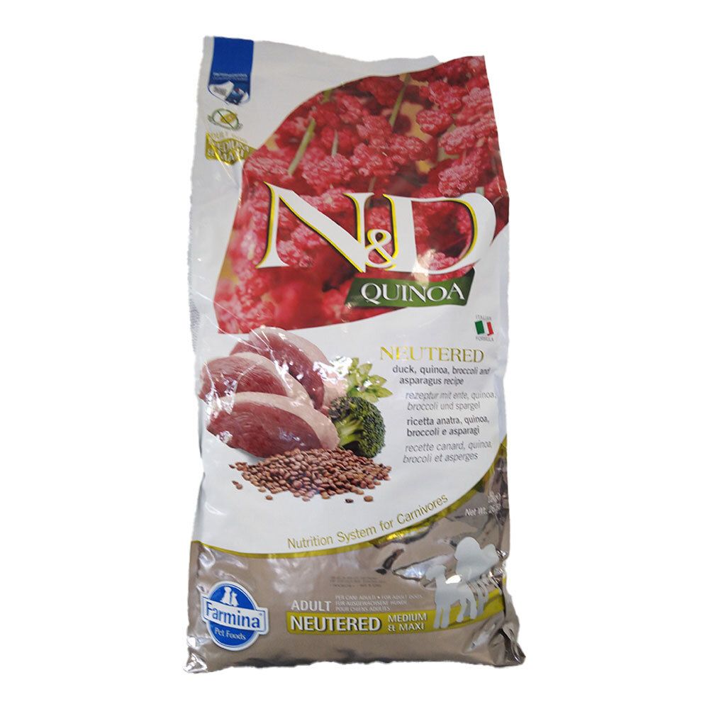 Sacchetto Farmina N&D Quinoa per cani. Anatra, broccoli, asparagi. Neutered. Logo Farmina. Adult Medium/Maxi.