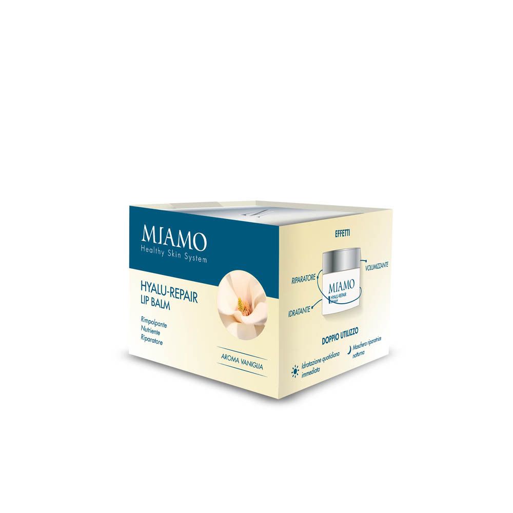 Confezione con immagine del prodotto. Scritta: MIAMO HYALU-REPAIR LIP BALM. Aroma vaniglia.
