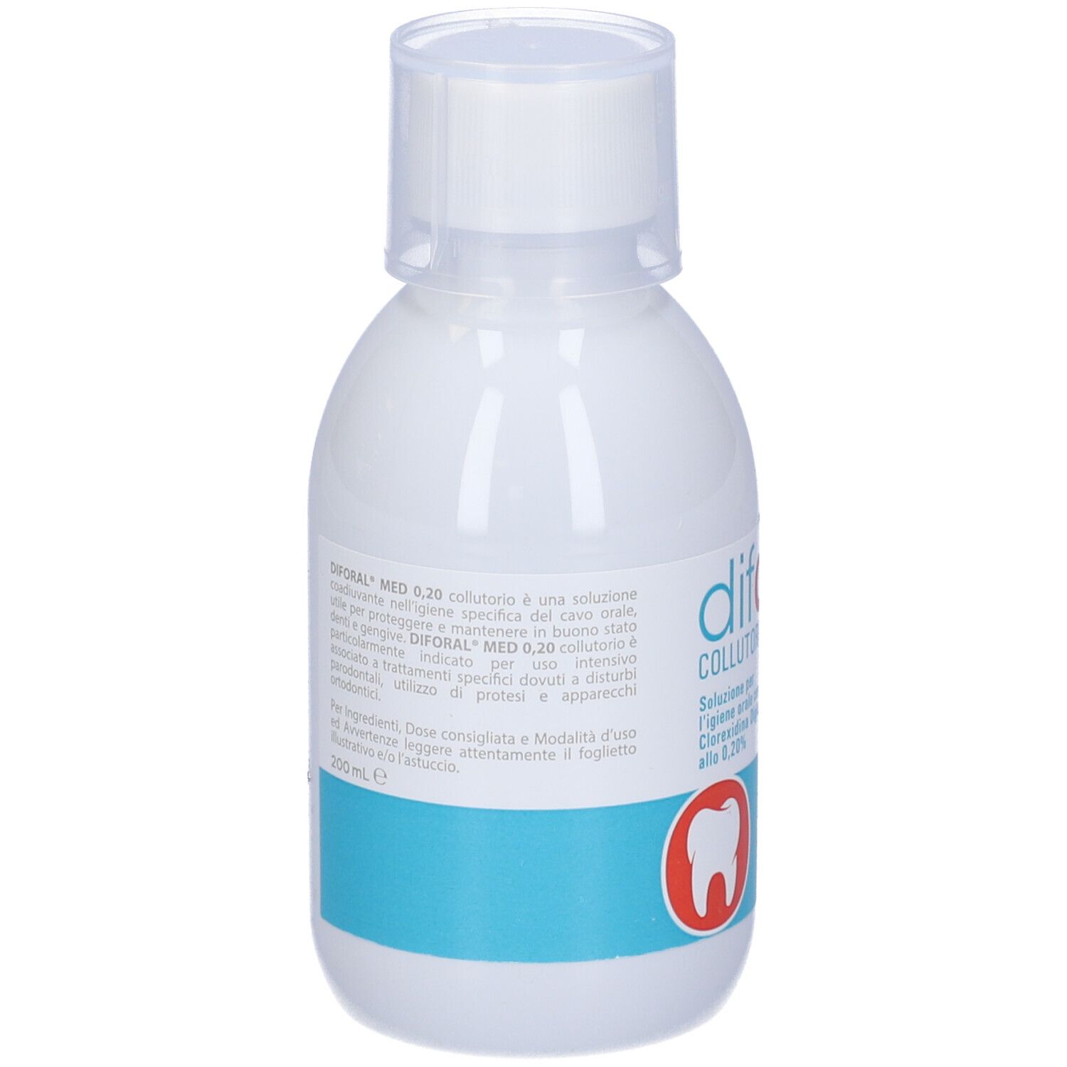 Flacone bianco con testo. Scritta: diforal MED 0,20 Collutorio. Logo: dente. Marchio: Nalkein. Retro con testo.