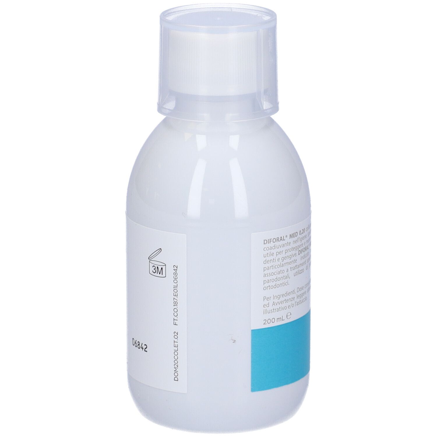Flacone bianco con etichetta blu. Scritta: diforal MED 0,20. Logo: dente. Marchio: Nalkein. Retro con testo e 200ml.
